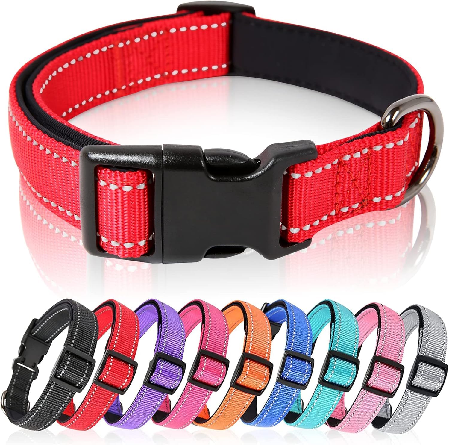 HEELE Dog Collar, Reflective Dog Collar, Soft Neoprene Padded Breathable Nylon Pet Collar Adjustable for Medium Dogs, Red, M(13.38-20.47")