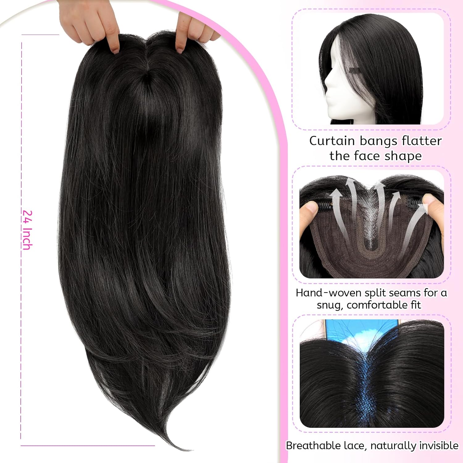 Isaic 24 Inch Synthetic Hair Topper for Women, Jet Black Middle Part Hand-Tied Lace Part Hairpiece with Clips, Long Hair Topper for Thinning Hair on Top, Natural Scalp Realistic Coverage (Jet Black)