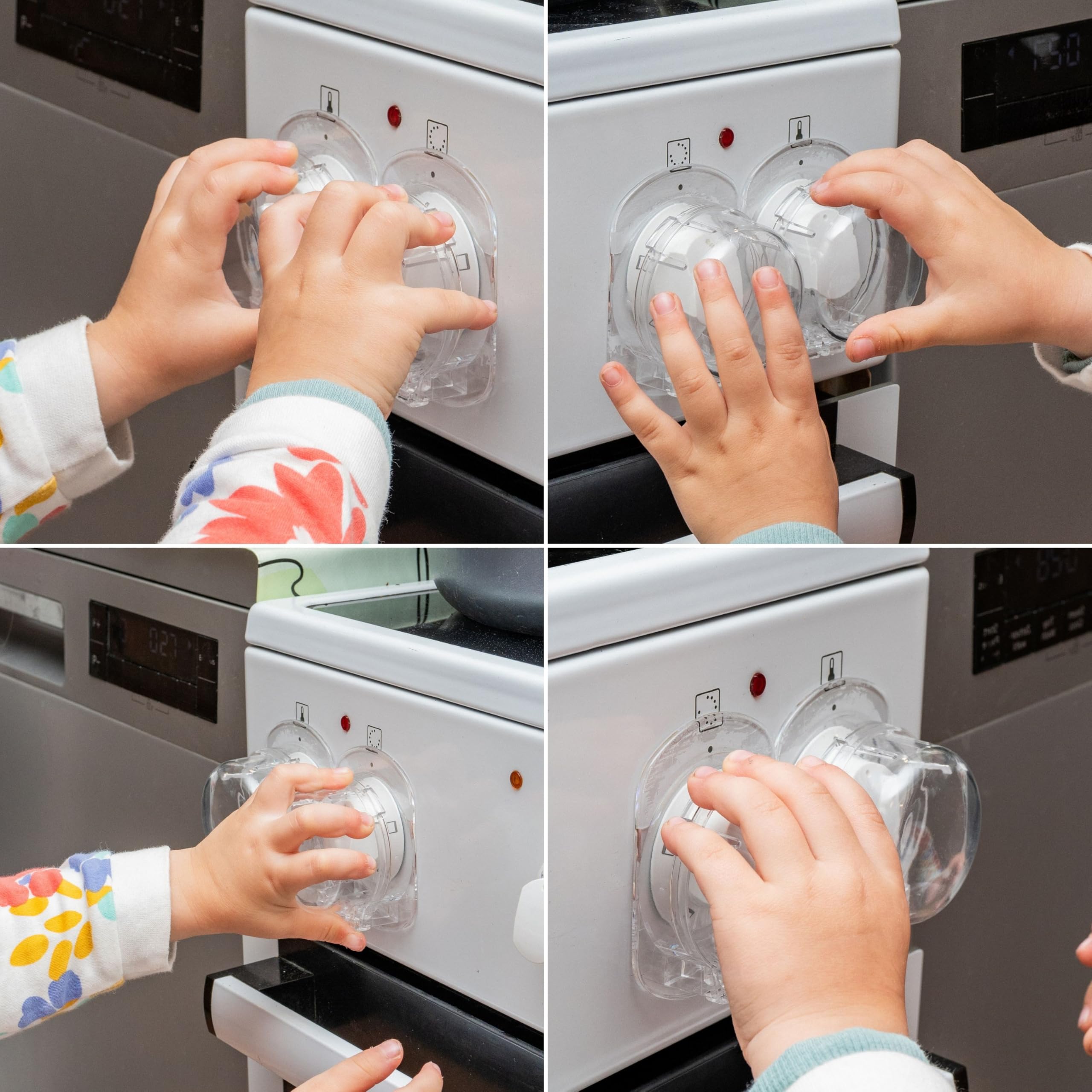 Blokada przed dziećmi do pokręteł kuchenek, 3 szt, przezroczyste, do dużych pokręteł o maks. Ø 52 x 45 mm, rozstaw pokręteł min. 63 mm, blokada panelu sterowania, przycisk blokady przed dziećmi