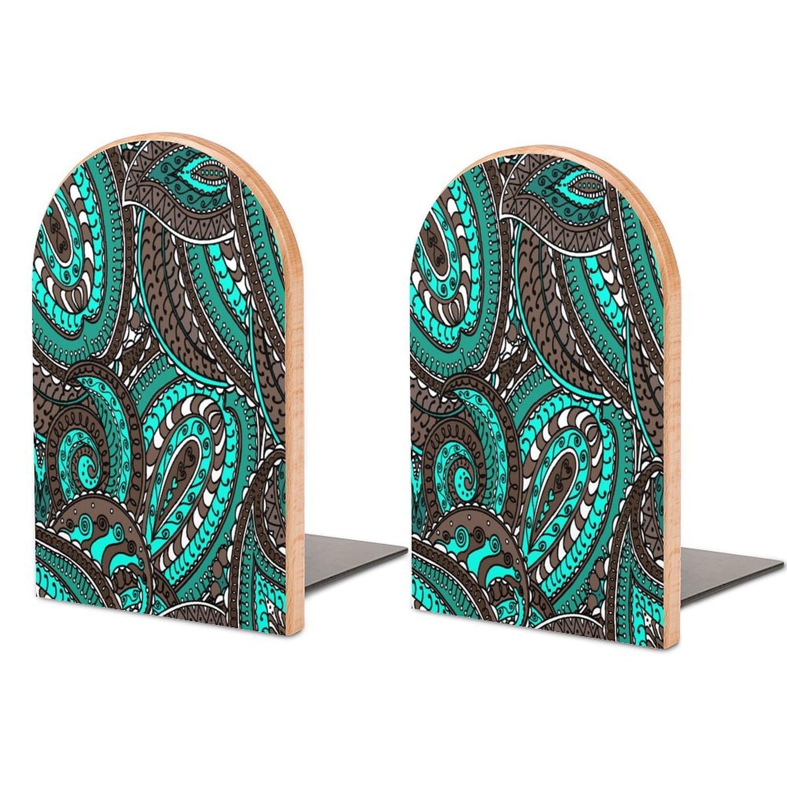 Pattern Based on Traditional Asian Elements Paisley Beech Wood Bookends Heavy Duty Book Organizers Desktop File Holder for Office Home Bookshelf