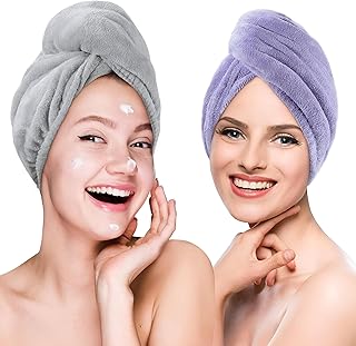 منشفة شعر من الألياف الدقيقة للنساء: أغطية ماصة للغاية للماء مثالية لتجفيف الشعر بسرعة وإزالة الرطوبة بكفاءة (2 قطعه)