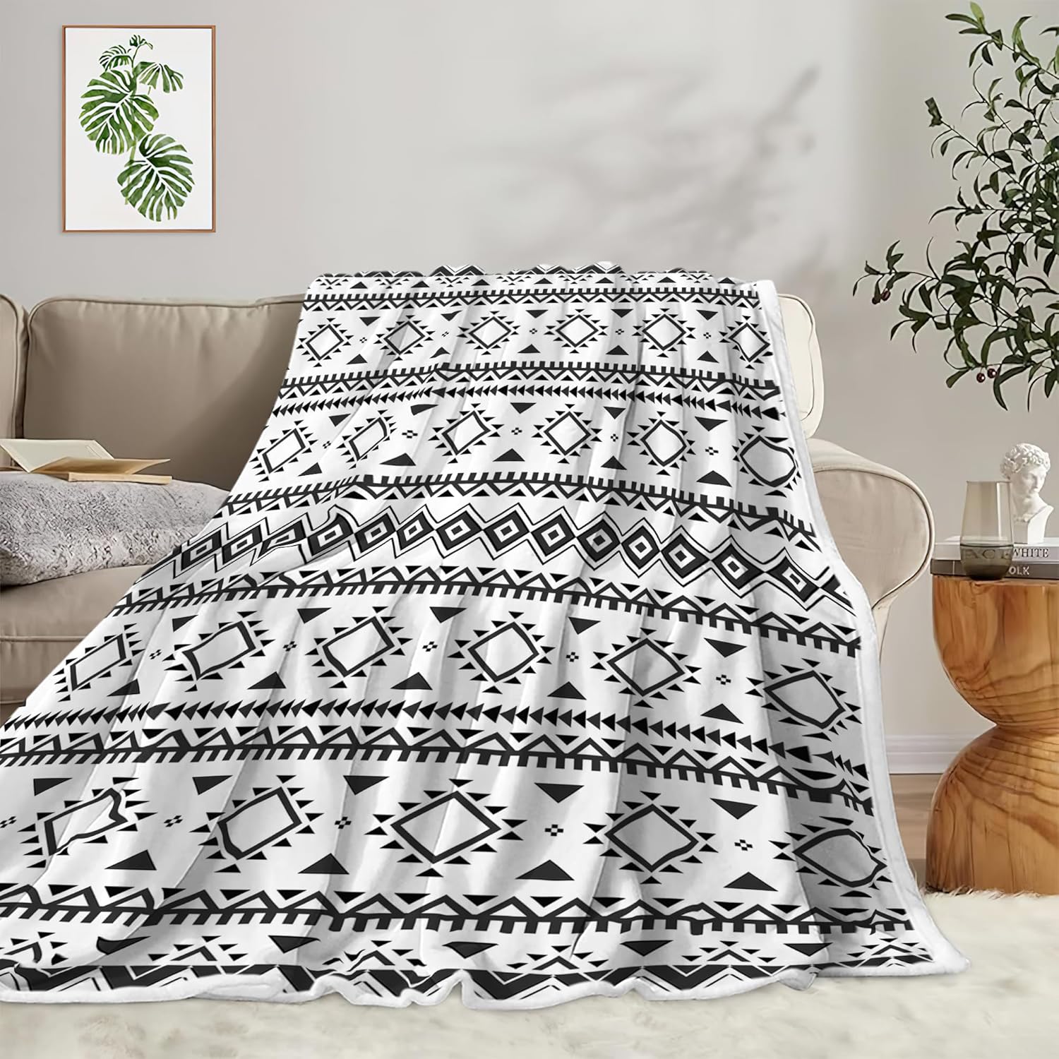 Boho Southwest Aztec Throw Blanket - Soft Black & White Navajo Flannel, 50x60in, Perfect for Couch, Bed, Chair, Living Room, Outdoor & Travel - Image 2