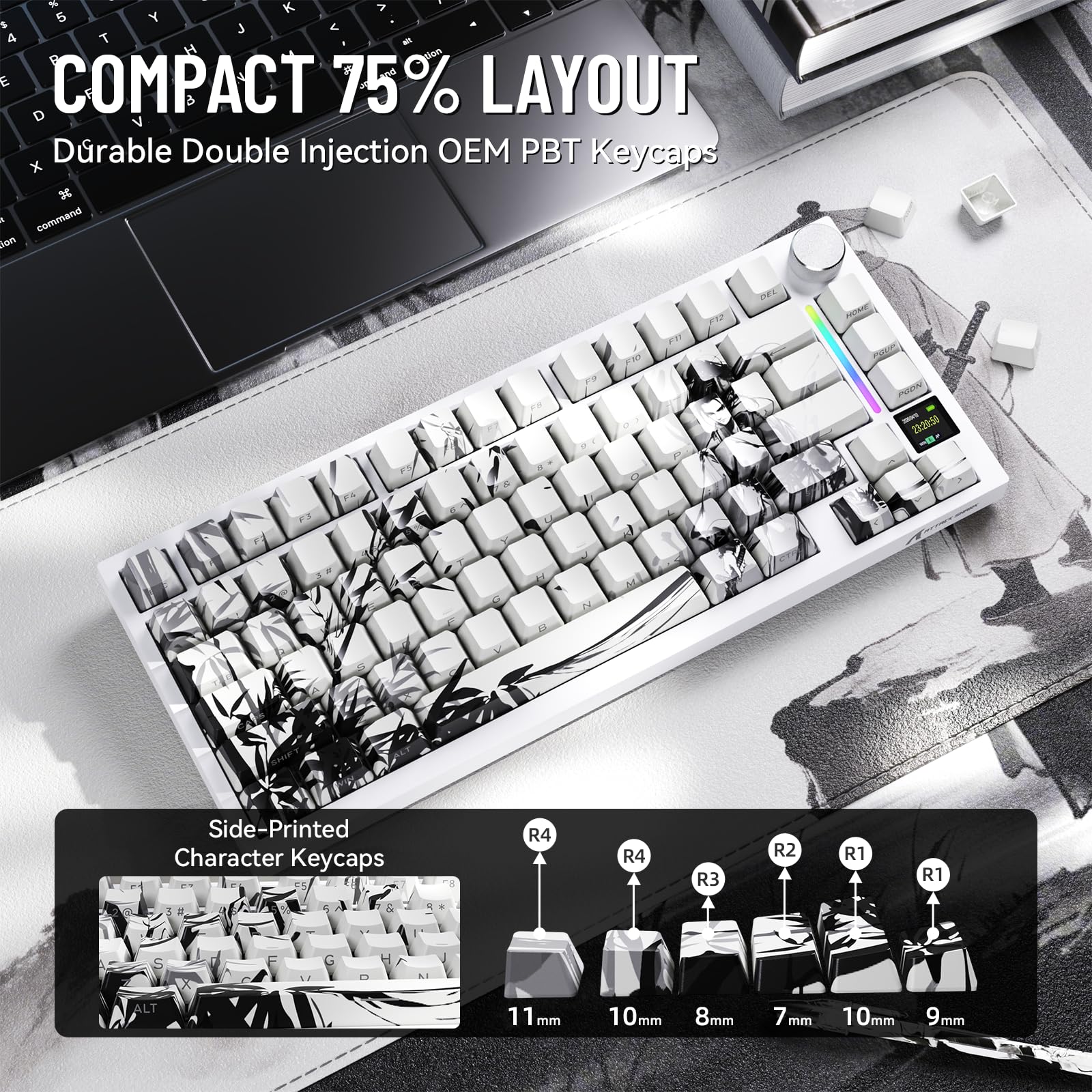 MAMBASNAKE Attack Shark X820Ultra Clavier mécanique de jeu avec BT/2,4 G sans fil/câble, QWERTY 75 % TKL Gasket Hot Swap, écran TFT et bouton câble spiralé RVB Chroma, interrupteur cadeau linéaire