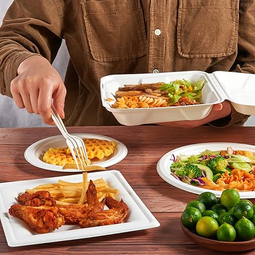Miniatura 18 de ECOLipak Paquete de 50 recipientes de comida para llevar, 100% compostables, desechables, para llevar, 8 x 8 pulgadas, 3 compartimentos resistentes