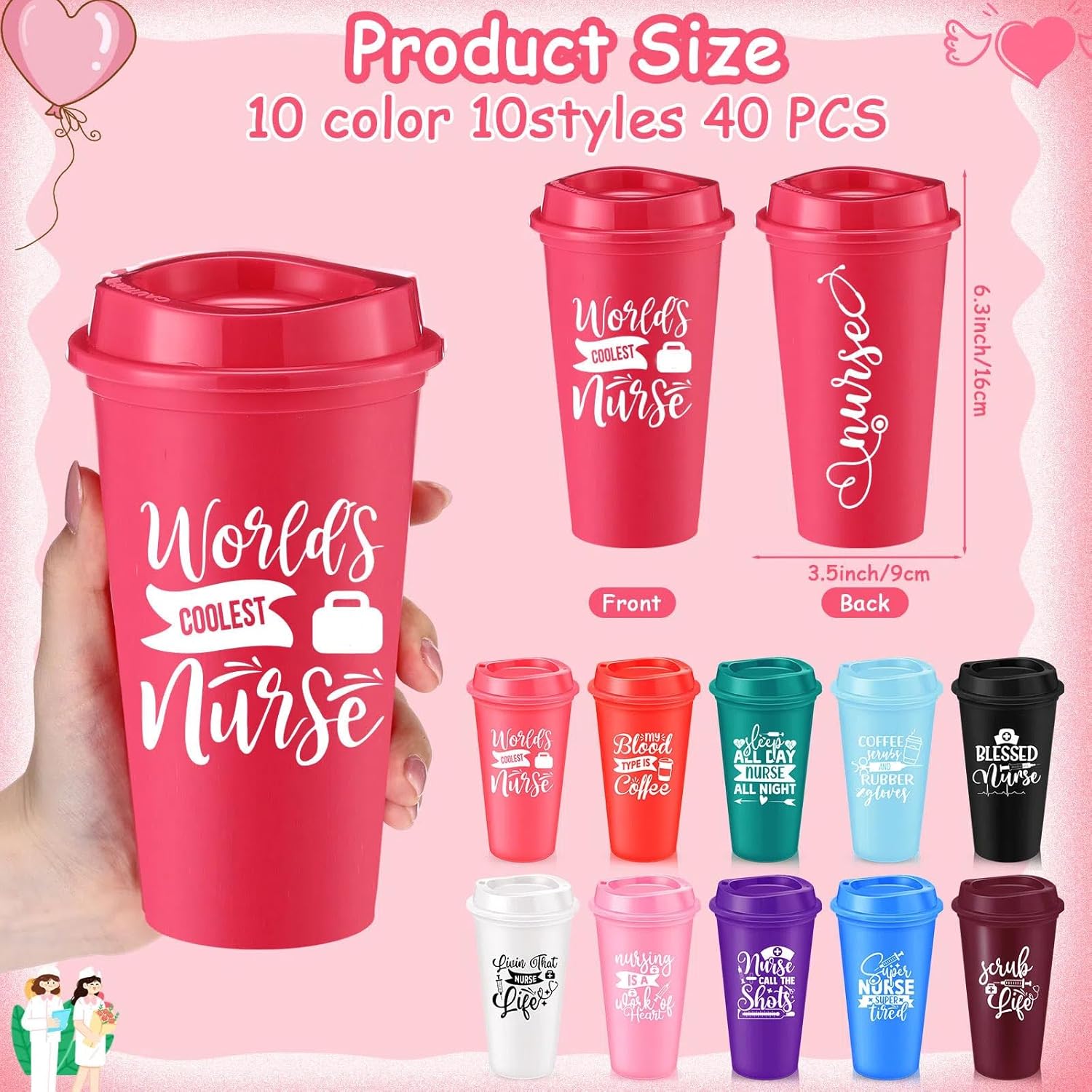 40 Pcs Nurse Plastic Coffee Cups with Lids 16 oz Double Sided Reusable Nursing Plastic Tumblers for Nurse Week Appreciation Gifts(Bright Color,Syringe) - Image 2