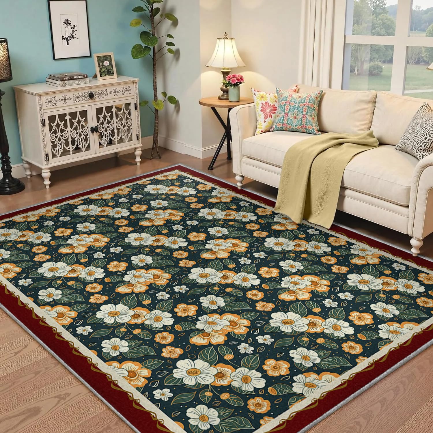 Tapis 160x200cm floral antidérapant et doux pour chambre de bébé