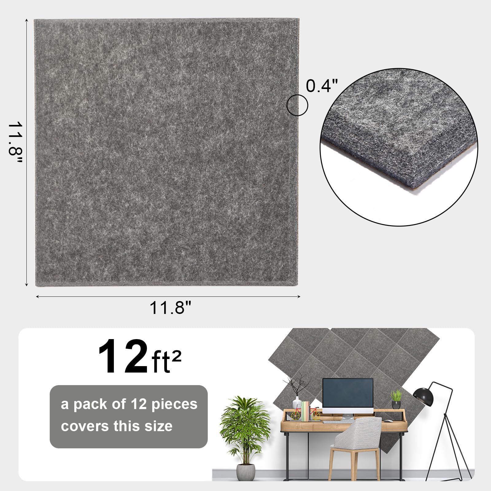 Paneles de pared acústicos autoadhesivos (gris oscuro, cuadrados, 12 unidades)