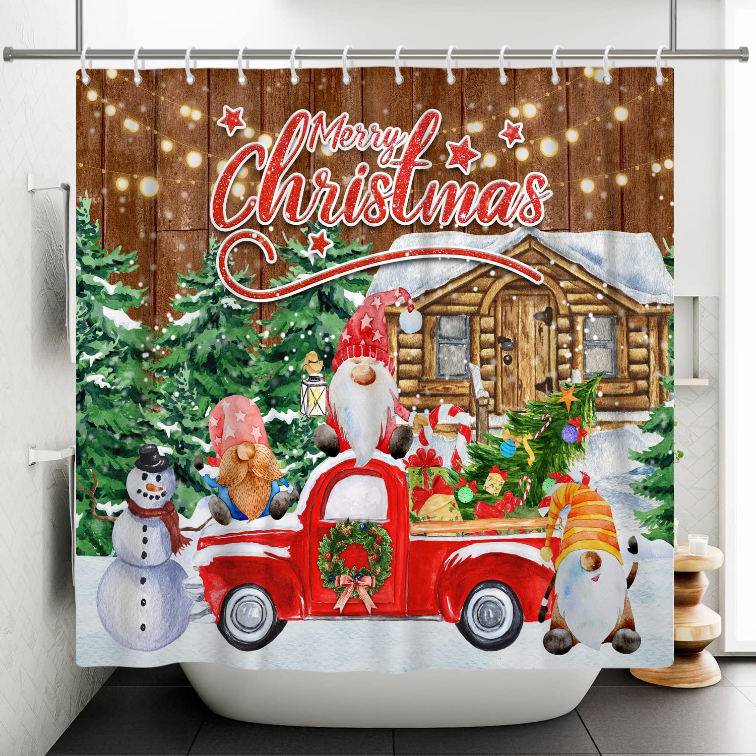 APROPHIC Tenda Doccia Natalizia per Bagno, Camion Rosso, Albero di Natale, Fattoria, Pupazzo di Neve Rustico, Vintage, Arredamento Bagno, Tessuto Impermeabile, 182 x 182cm