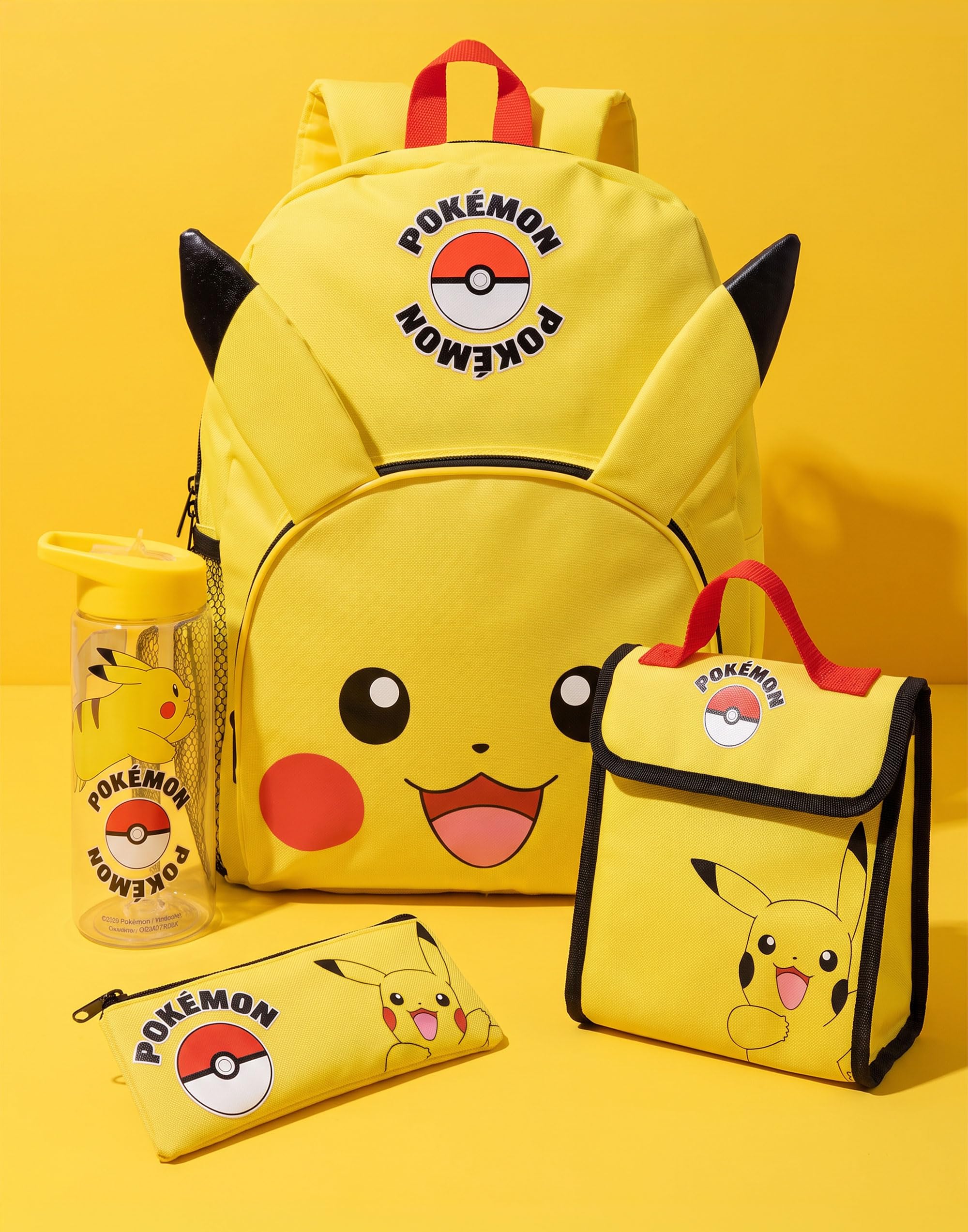 Pokemon Plecak dla dzieci, Pikachu Merchandise, dla dziewczynek i chłopców, z pokeballem, uszami 3D, plecak szkolny, piórnik, butelka na wodę, ŻÓŁTY, Rozmiar uniwersalny