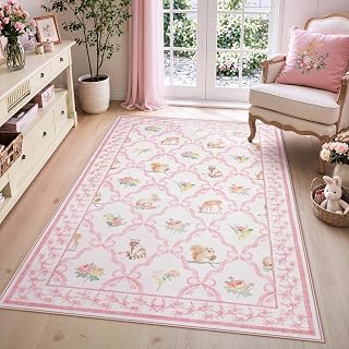 Tribesigns 3x5 Pink Floral Bow Moroccan Rug for Girls Bedroom