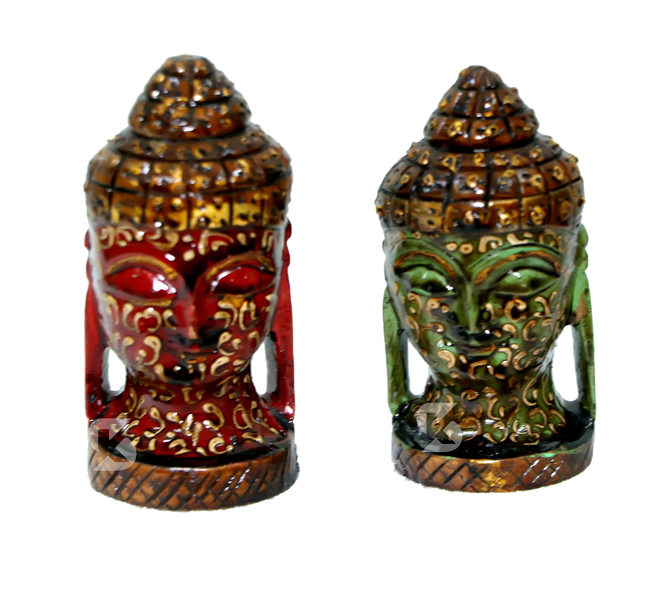 KINGSMAN STORE Wooden Buddha Head Face Lord 3 inch Collectible Statue Decorative Spiritual Vastu/Office Desk/Car/Blessing Showpiece,Religious Gift Item & Murti for Mandir/Temple/Home Dcor Pack of 2