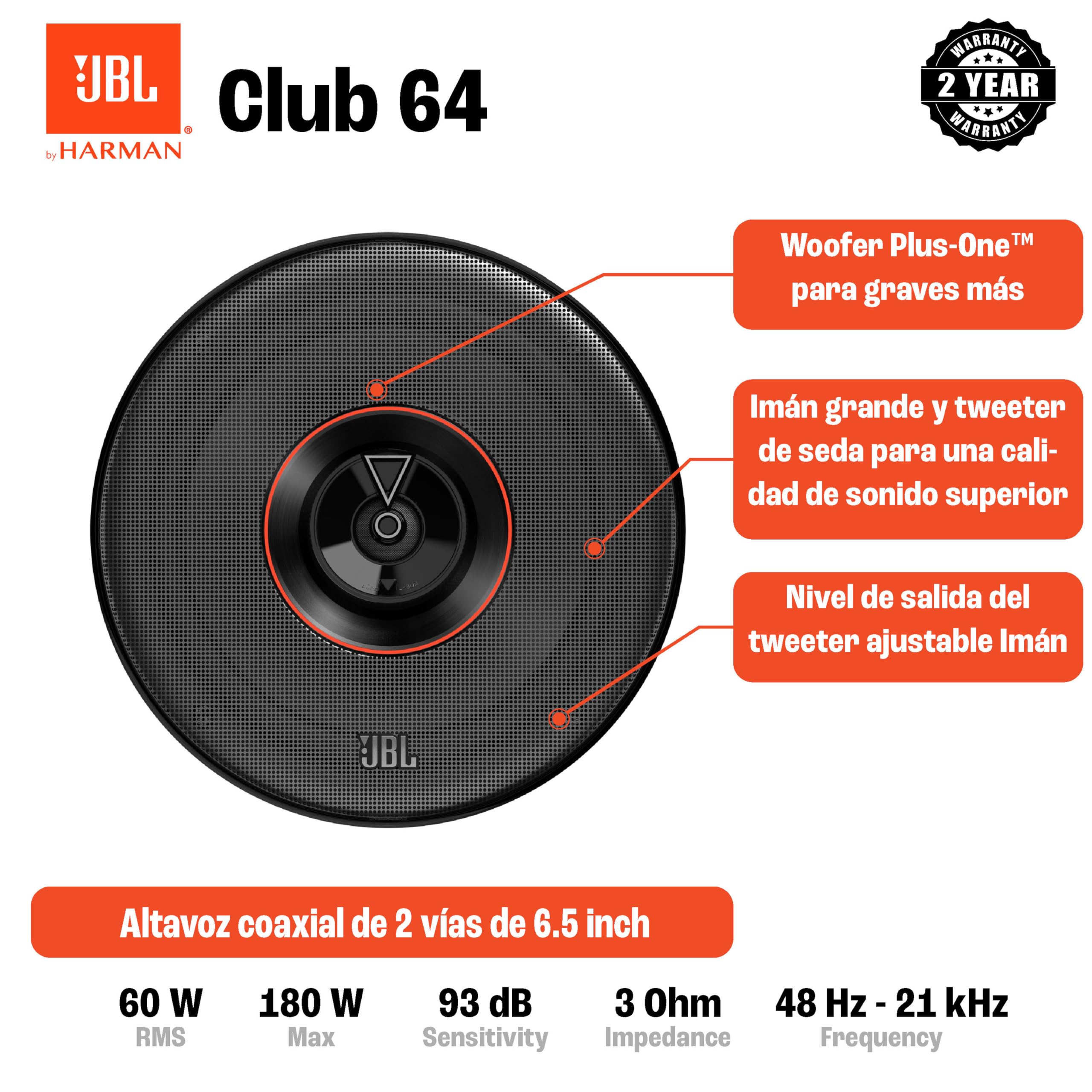 JBL Altavoz Club 64 Gen 3 - Altavoces Coche 16.5 cm de Harman Kardon para una Actualización Superior de Parlantes - 180 W Máx, Alta Sensibilidad, Graves Intensos y Magnífica Respuesta en Agudos
