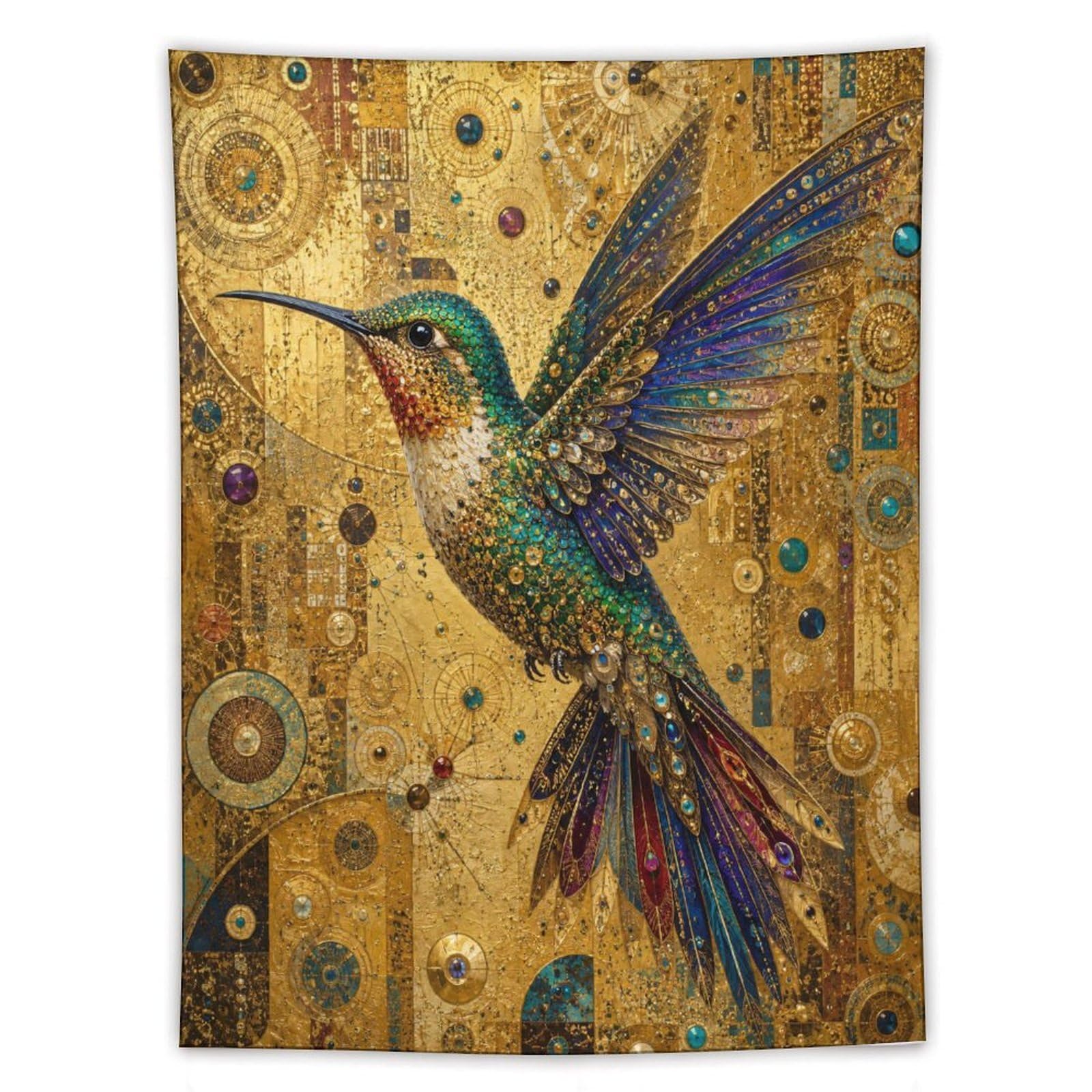 W7C8U2X3 Golden Hummingbird Collage Wall Tapestry, Ornate Botanical