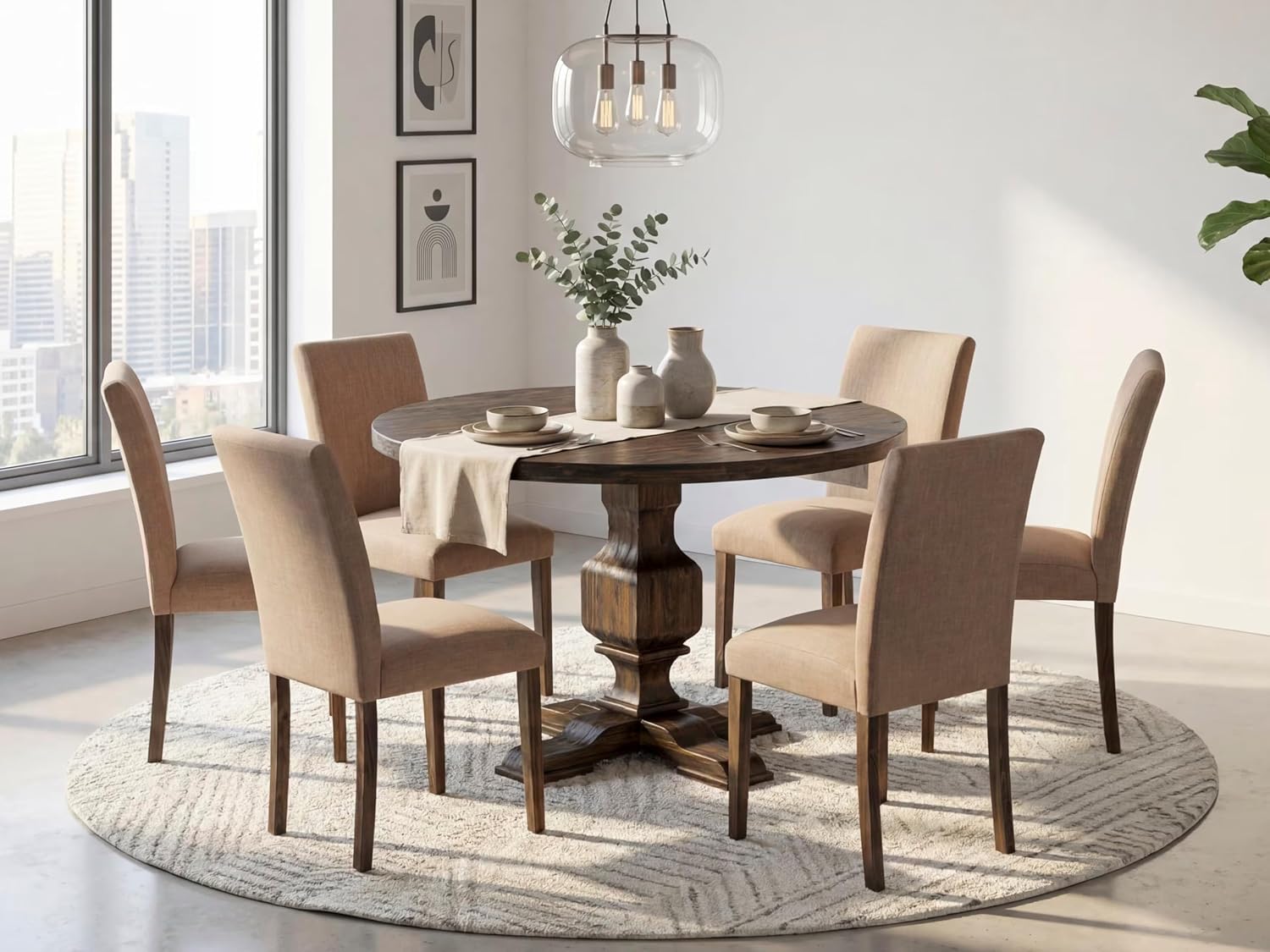 East West Furniture I3AB7-747 7 Piece Modern Dining Table Set Consist of a Round Wooden Table with Pedestal and 6 Light Sable Linen Fabric Parson Chairs, 48x48 Inch, Distressed Jacobean