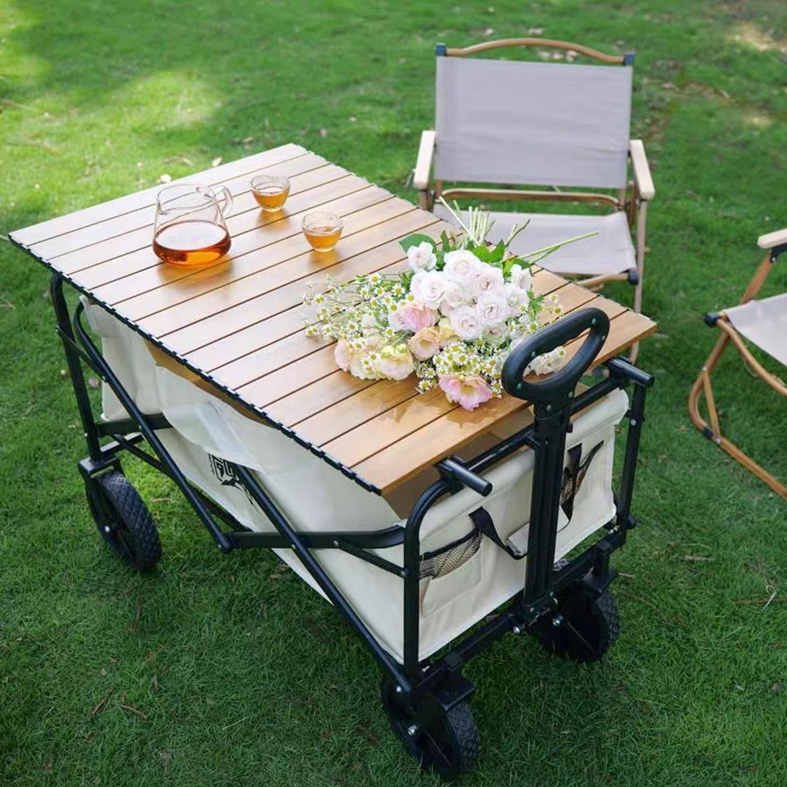Genérico Mesa Auxiliar De Aluminio Exterior 75x55cm Mesa Plegable De Camping Carro Playa Plegable con Ruedas para Jardín, Terraza, Picnic con Red Almacenamiento Y Bolsa De Transporte