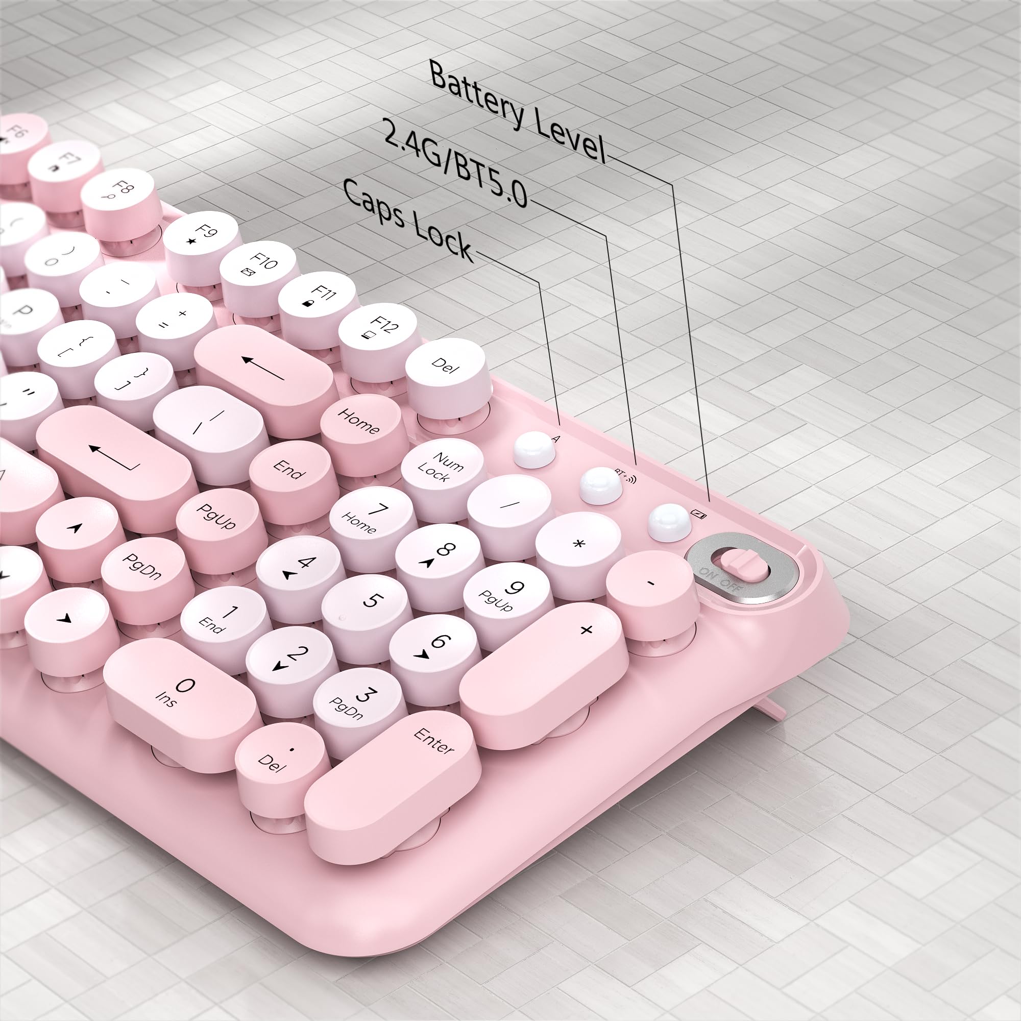 Links9+ Teclado Bluetooth inalámbrico, receptor de 2.4 GHz (rosa) | Batería de larga duración, 2.4G y teclado Bluetooth de modo dual compatible con Windows, macOS, iPad, PC, portátil, tableta