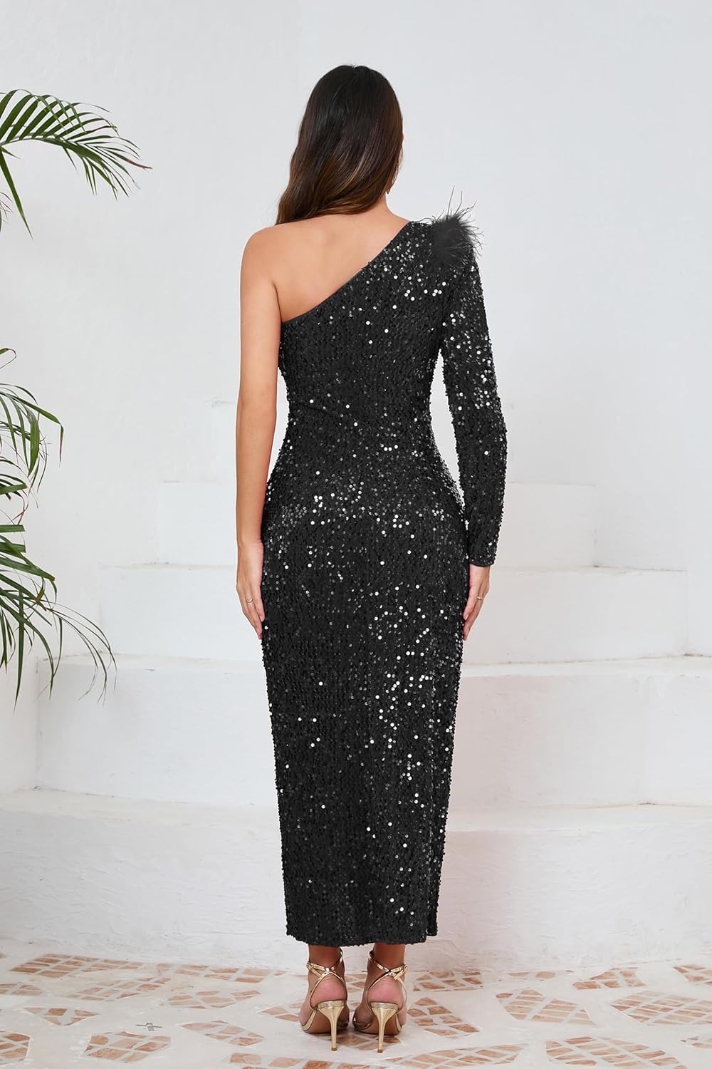 VERWIN Women's Sequins Dress One Shoulder Bodycon Oblique Collar Maxi Dress Sparkly Spilt Wrap Cocktail Dress - Image 4