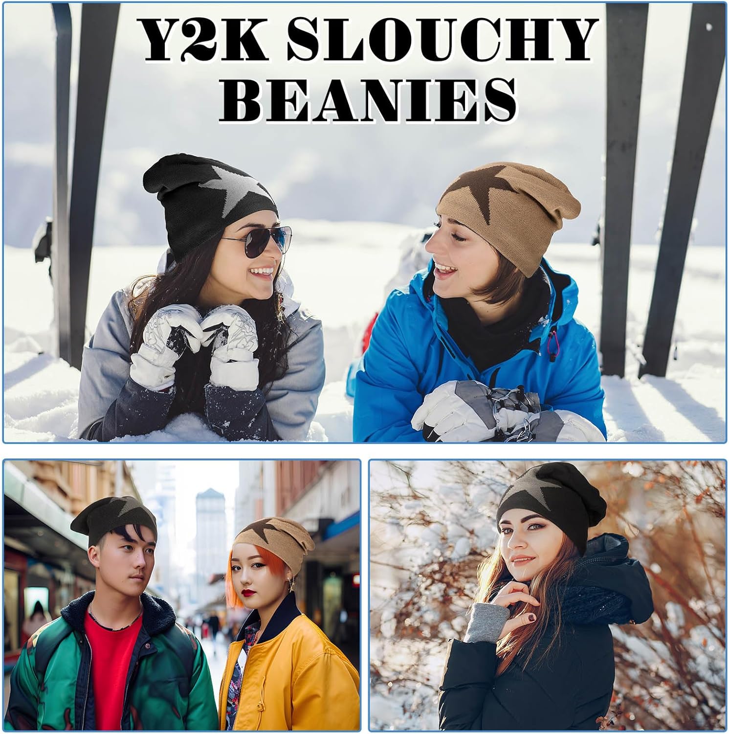 Chuarry 2 Pcs Y2k Hat Y2k Beanies Grunge Accessories Goth Star Graphic Knitted Slouchy Beanies Winter Warm Hat for Men Women Black, Khaki - Image 6