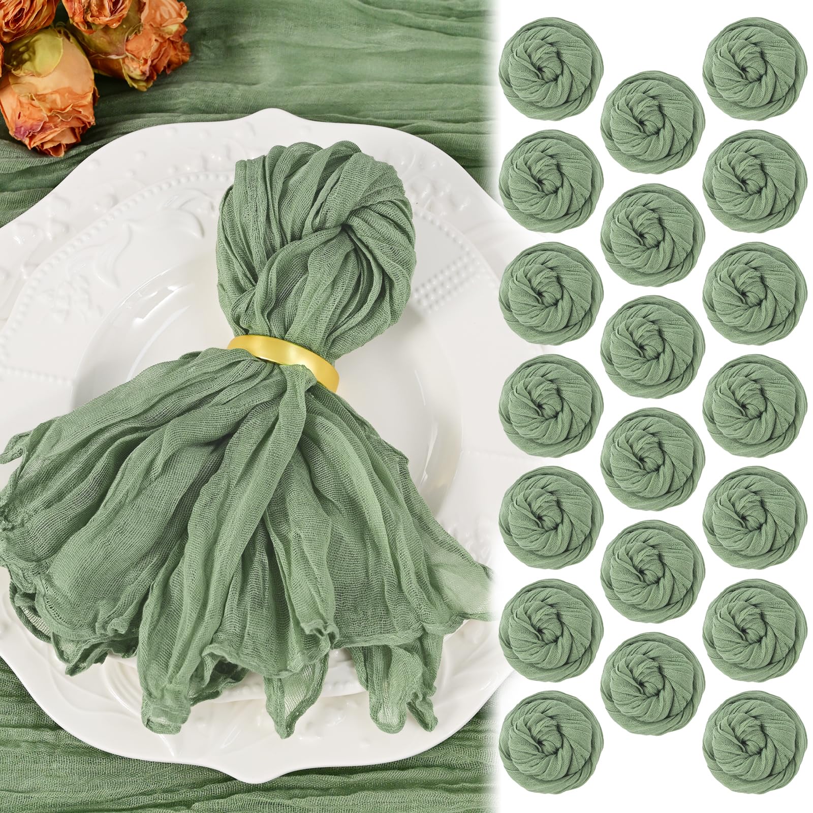 20 Pack Sage Green Cheesecloth Napkins 20"x20" Boho Washable Cloth Napkins Set of 20 Wrinkled Cheese Cloth Napkins Gauze Dinner Table Napkin for Wedding Party Baby Shower Birthday Decor