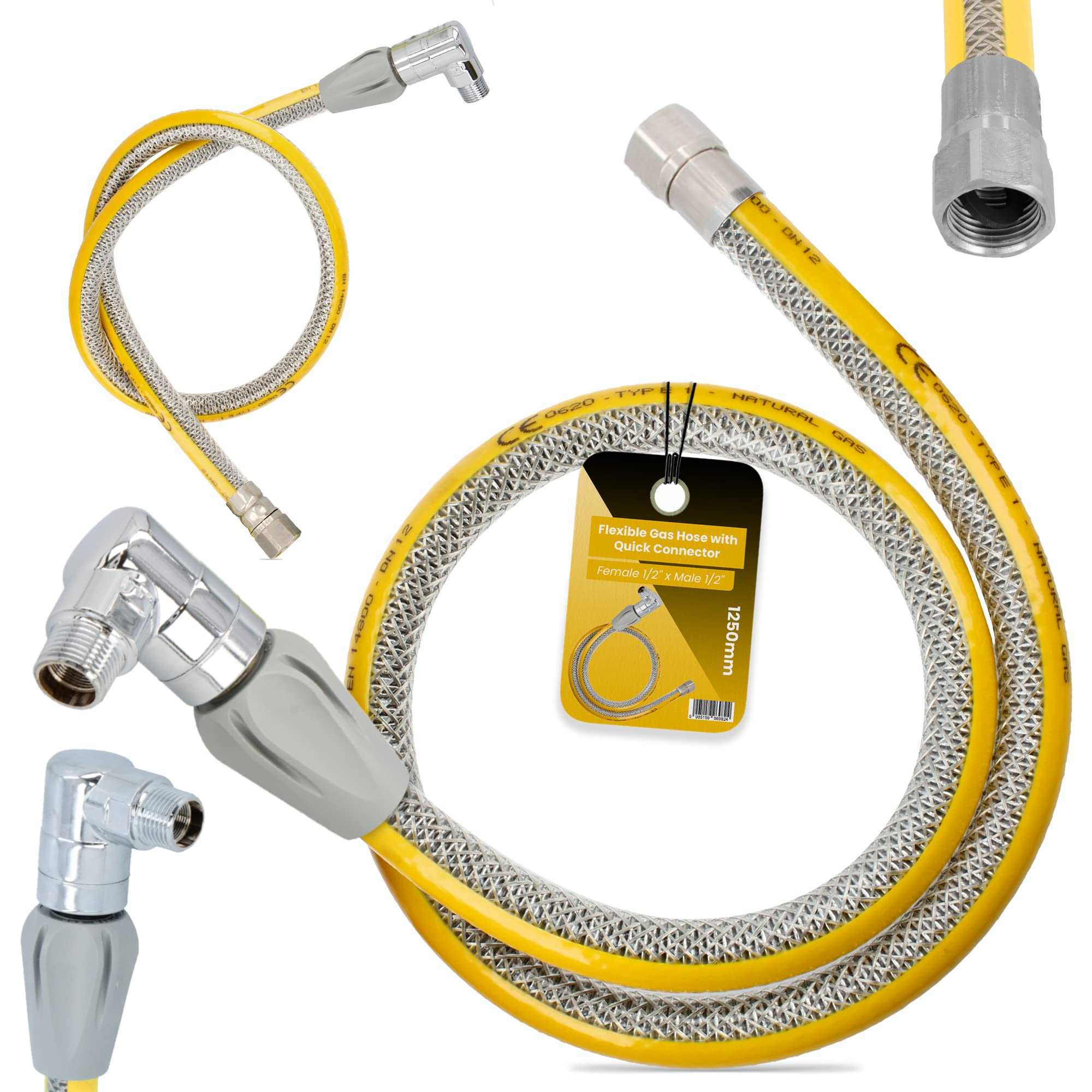 Flexibler Gasschlauch mit Schnellkupplung 1/2''IG x 1/2'' AG 1250 mm Propan Butangasschlauch DN12 Edelstahl PVC Butangas Gasanschlussschlauch Schnellkupplung Gasflaschen Campinggeräte Gaskocher Grill