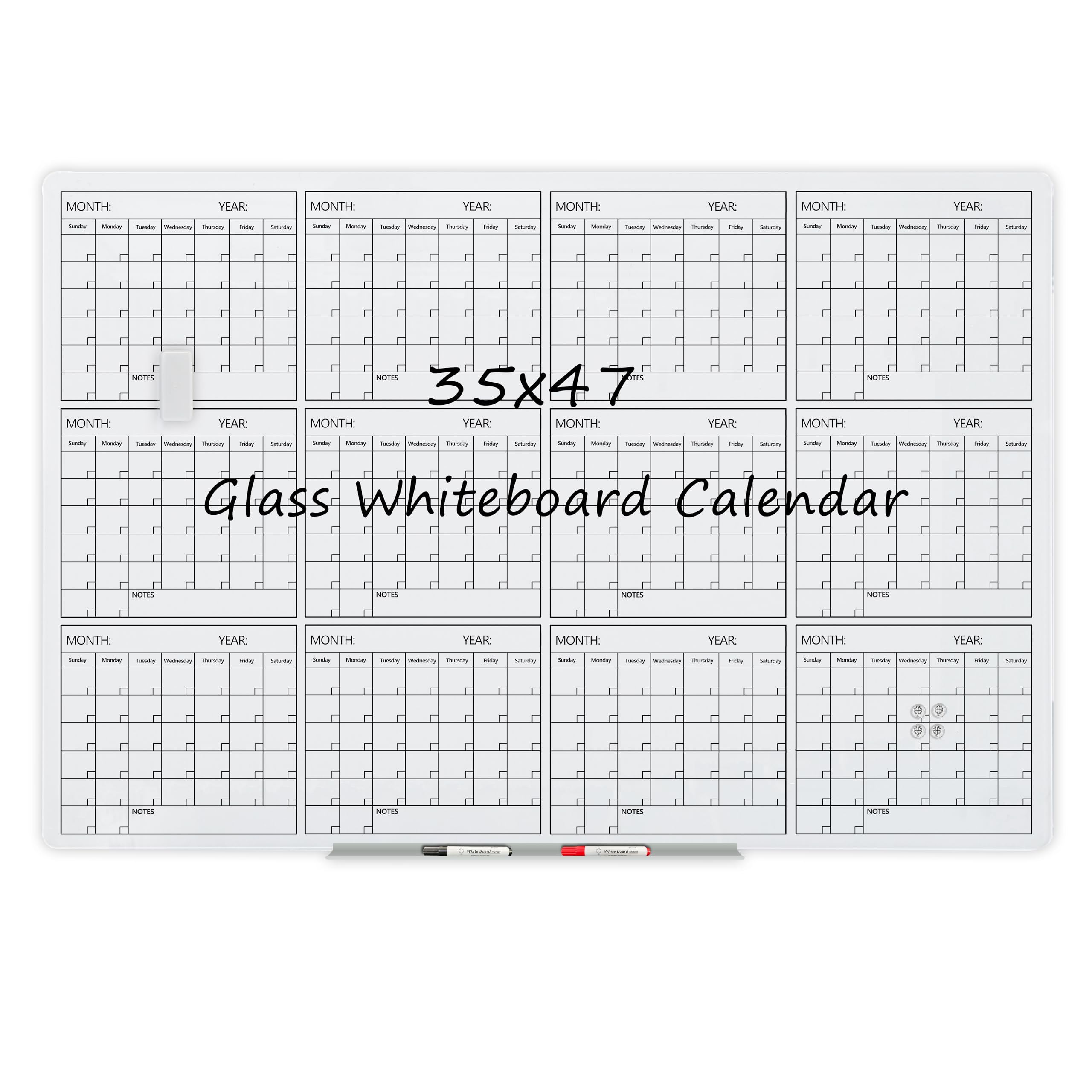 Magnetic Whiteboard Glass Board Yearly Calendar - 35" X 47" Large Wall Whiteboard - Dry Erase Planner for Wall Home, School, Office