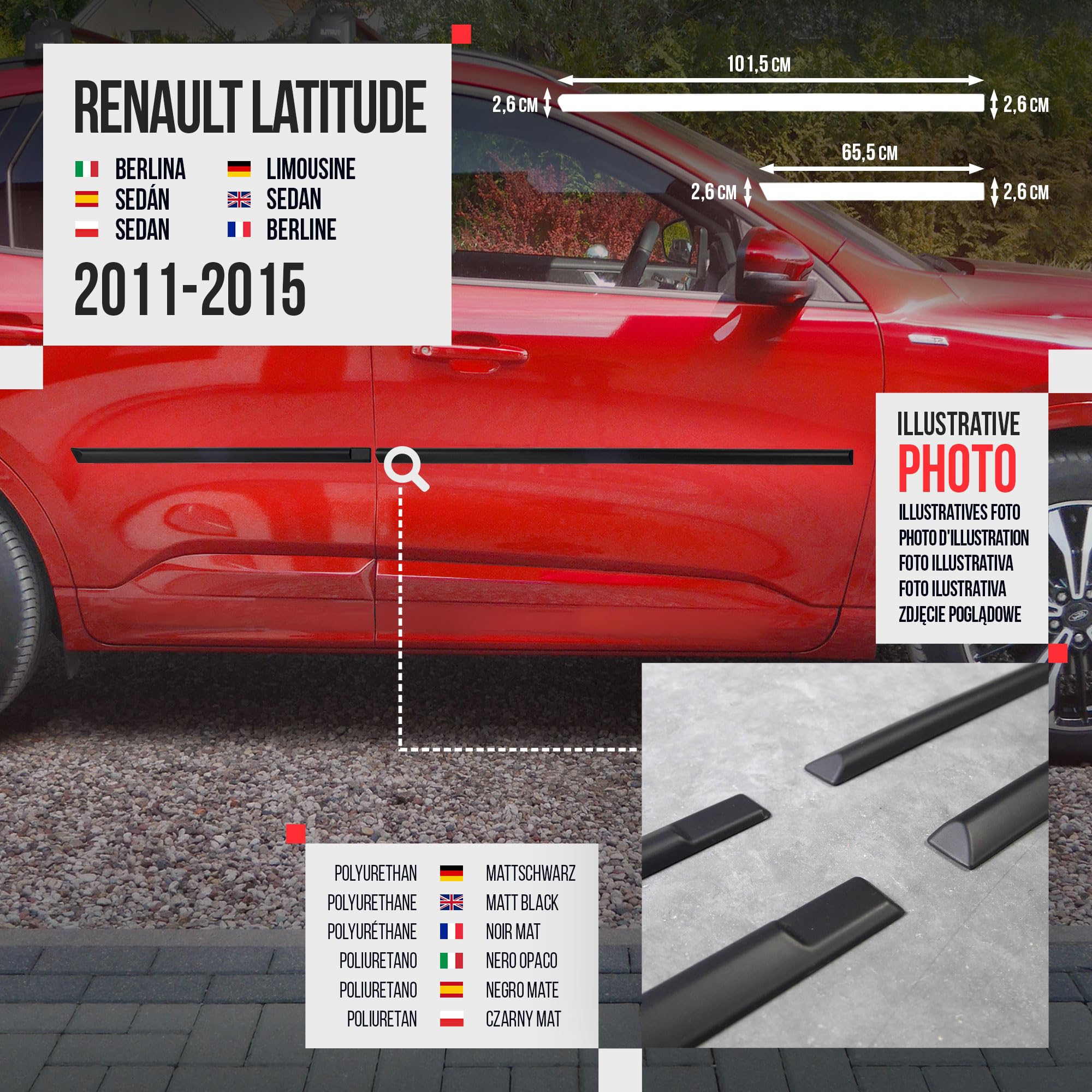 CHROMEMASTER | Listwy boczne drzwi | Kompatybilne z Renault Latitude Sedan 2011-2015 | Poliuretan, Kolor Czarny | Listwy Boczne Zabezpieczają Drzwi Samochodu Przed Uszkodzeniem