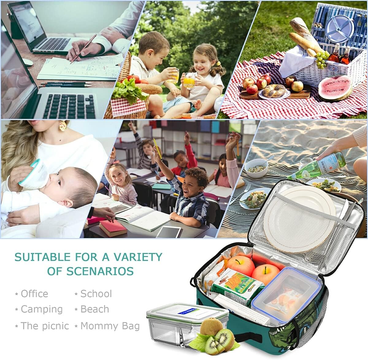 Lunch box Insulated Soft Lunch Bag Skateboard Dinosaur Lunch Container for Office Work School Picnic Beach