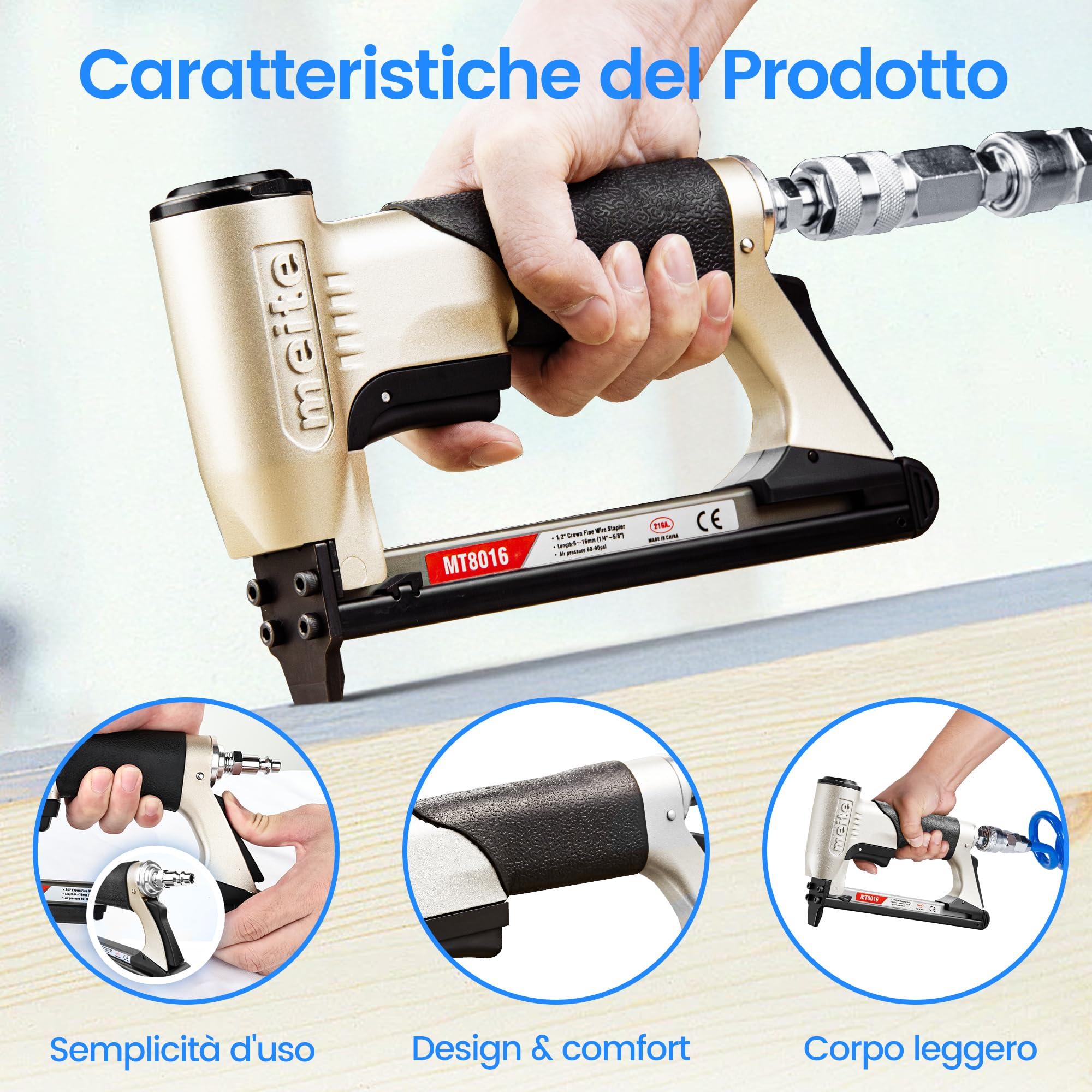 meite MT8016 Graffettatrice Pneumatica, Sparachiodi ad Aria Compressa per Tappezzeria e Lavorazione del Legno, 21GA Tipo 80, Graffette 6–16 mm per Falegnameria e Fai da Te