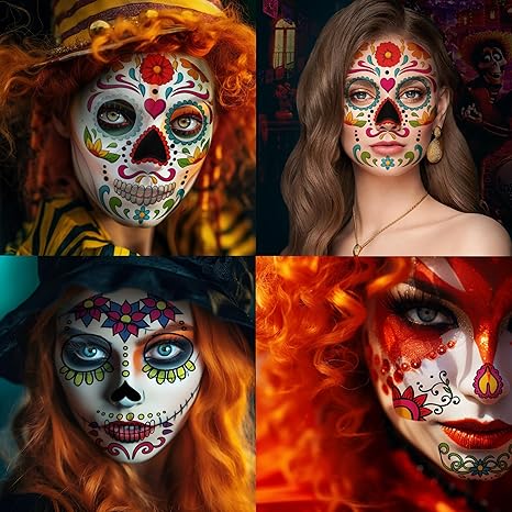9-Pack Day of the Died Skeleton Face Temporary Tattoo Stickers – Perfect for Halloween, Día de los Muertos, and Cosplay for Adults and Kids