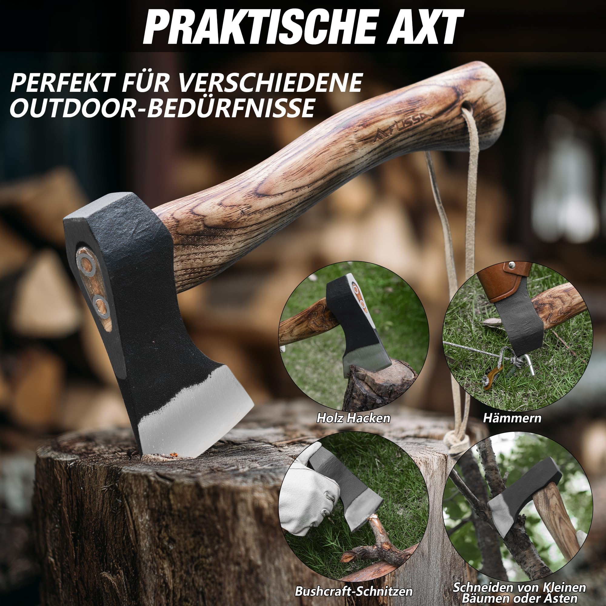 FLISSA Outdoor Axt mit Holzgriff und Lederscheide, 690 g Scharfes Kleine Axt 310mm Handbeil Holz Spalten für Camping, Garten und Wandern