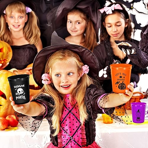 Miniatura 7 de Meanplan 60 vasos de plástico para fiesta de Halloween, de 12 onzas, tazas de fiesta de truco o trato, reutilizables, calabaza, calavera, bruja,