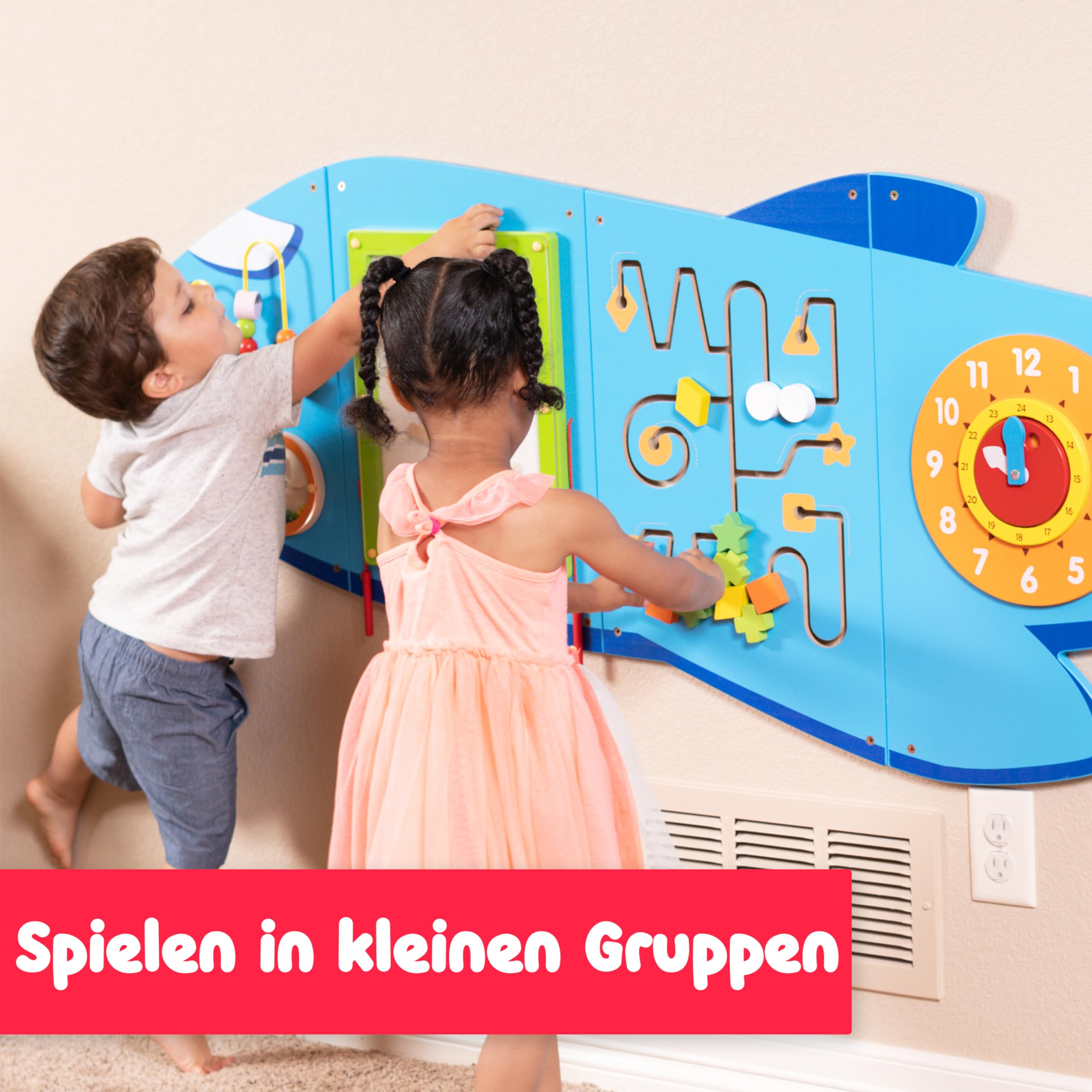 SPARK & WOW Flugzeug Aktivitäten-Wandtafeln - Ab 18 Monaten - Montessori Sensorisches Wandspielzeug - 6 Aktivitäten - Busy Board - Kleinkindzimmer Dekoration