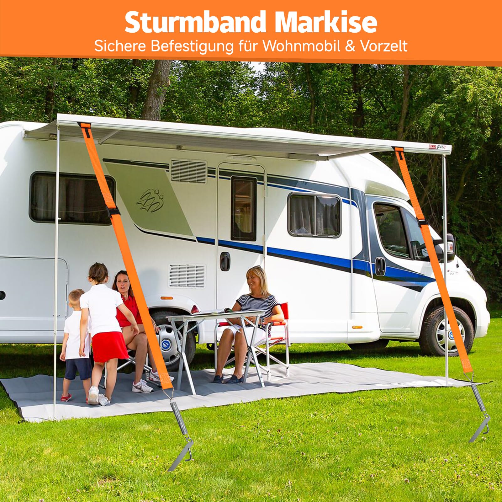 Sturmband für Vorzelt & Markise – 5cm Breites Gurtband, 38cm Erdanker Sturmsicherung vorzelt, Sturmbänder für Markisen, Abspanngurte Markise Wohnmobil, Abspannseile camping mit S-Haken und T-Verbinder