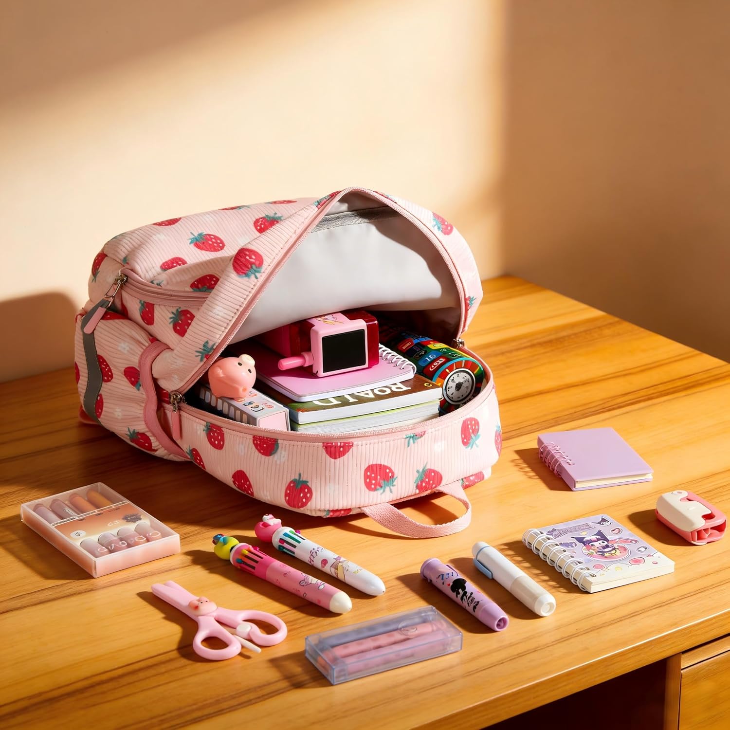 LOIDOU Toddler Backpack for Girls, Mini Preschool Backpack for Kids 2-4, kids travel backpack Small Diaper Daycare Bag (Pink- strawberry & flowers, 12"-not Fit A4 Folder)