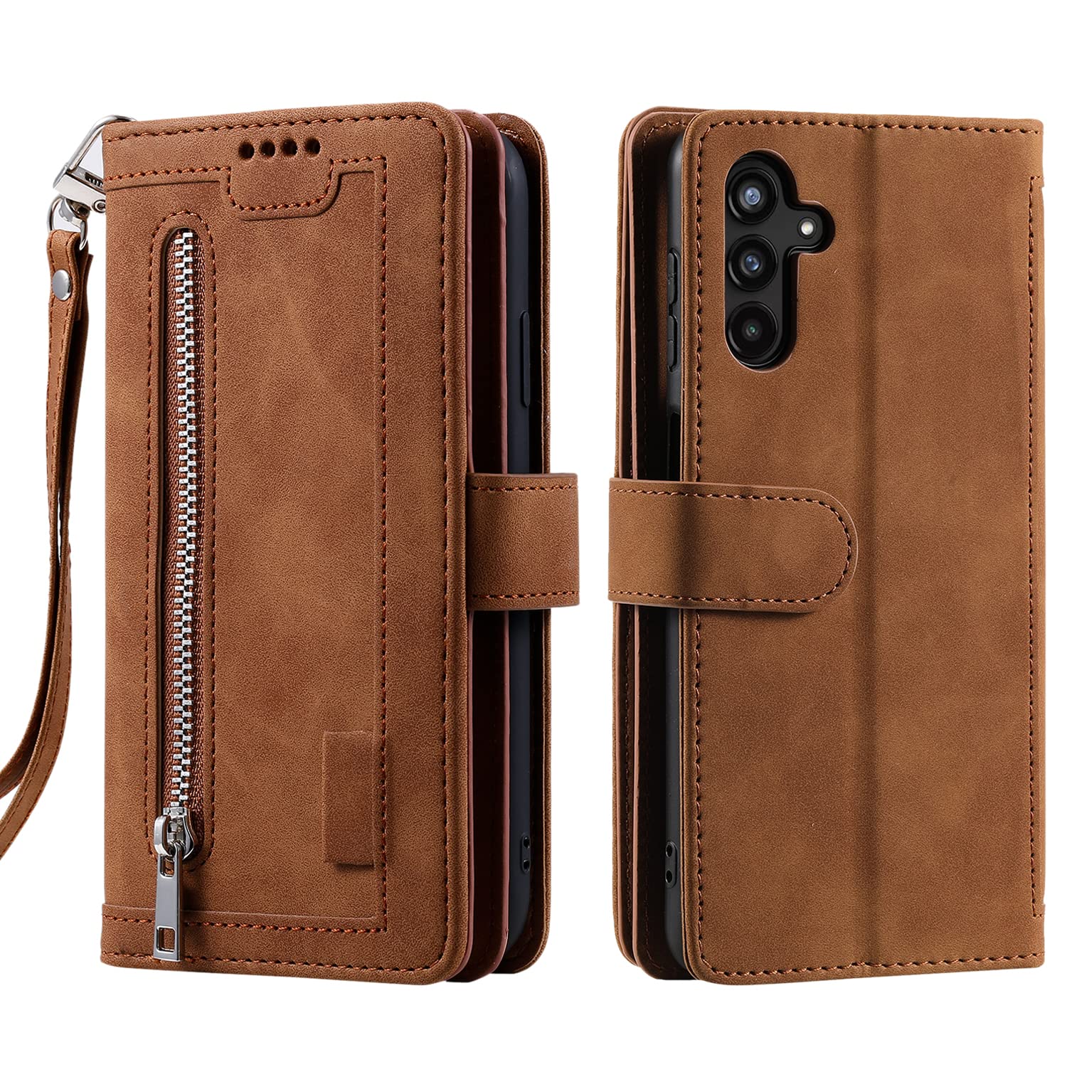 Étui portefeuille Samsung S24 Plus en cuir marron avec fermeture zippée - 8