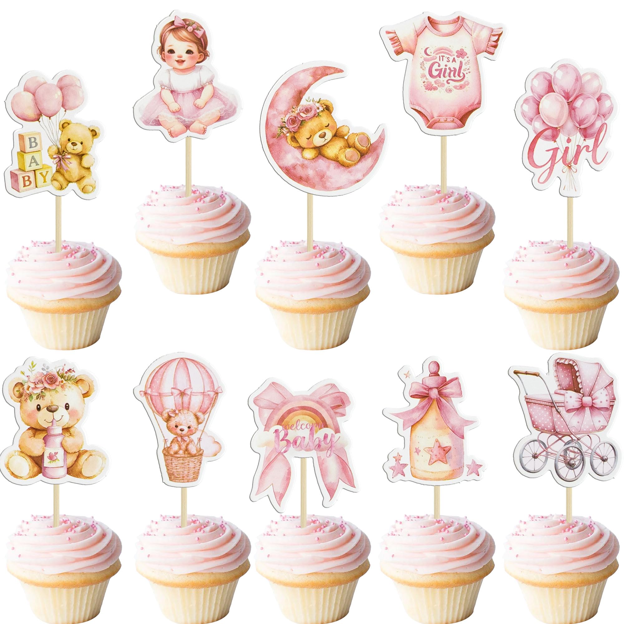 Gyufise 40Pcs Baby Boy Cupcake Toppers Baby Shower Decorations for Boys Balloon Star Moon Bear It's a Girl Cupcake Picks for Baby Shower Kids Girls Birthday Party Supplies Deep Pink