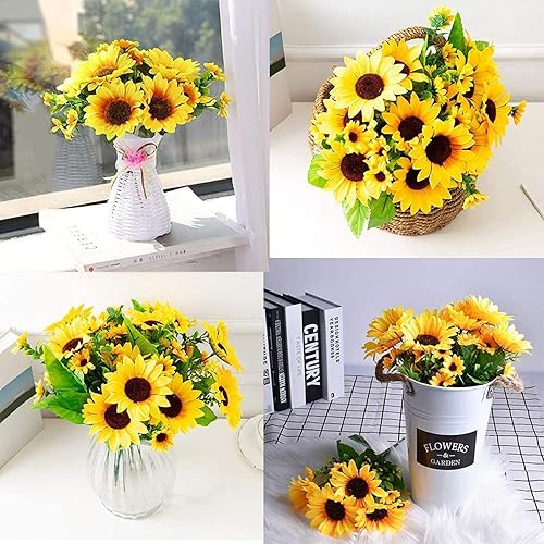 Miniatura 5 de Paquete de 6 girasoles artificiales con tallos para interiores y exteriores, girasol de seda artificial de 12 pulgadas con 13 cabezas de girasol y