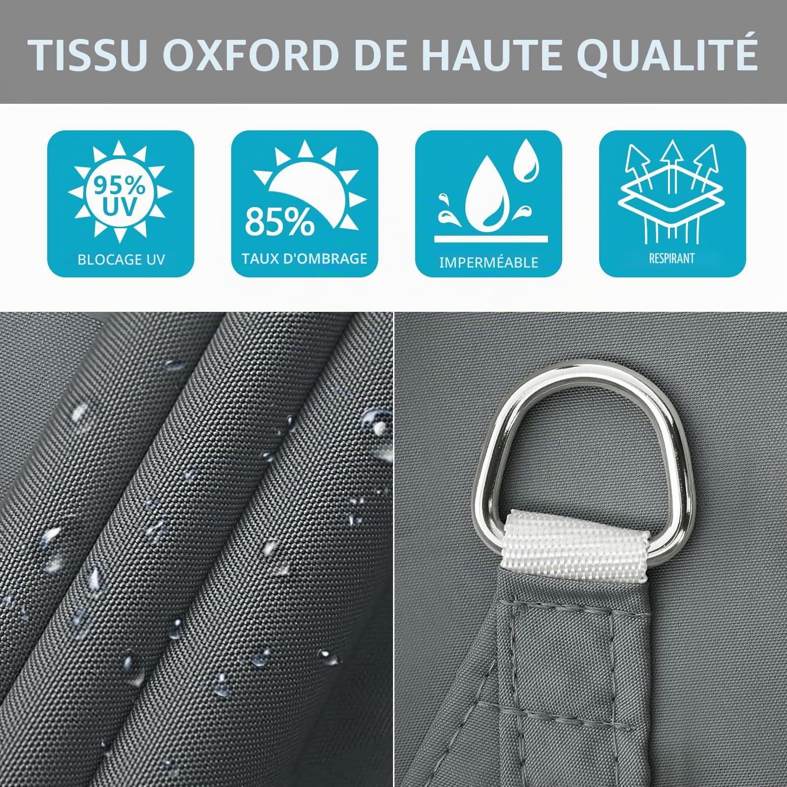 Voile D'ombrage Triangulaire 4x4x4m Avec Kit Fixation, Toile Ombrage Triangulaire Imperméable, Protection Solaire Et Anti UV, Toile D'ombrage Sans Perçage Convient aux Terrasse,Jardins et Serres（Gris）