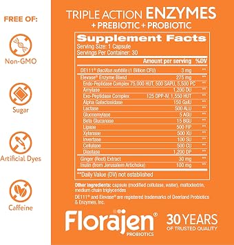 Florajen Digestive Enzymes with Probiotics & Prebiotics, 30 Capsules