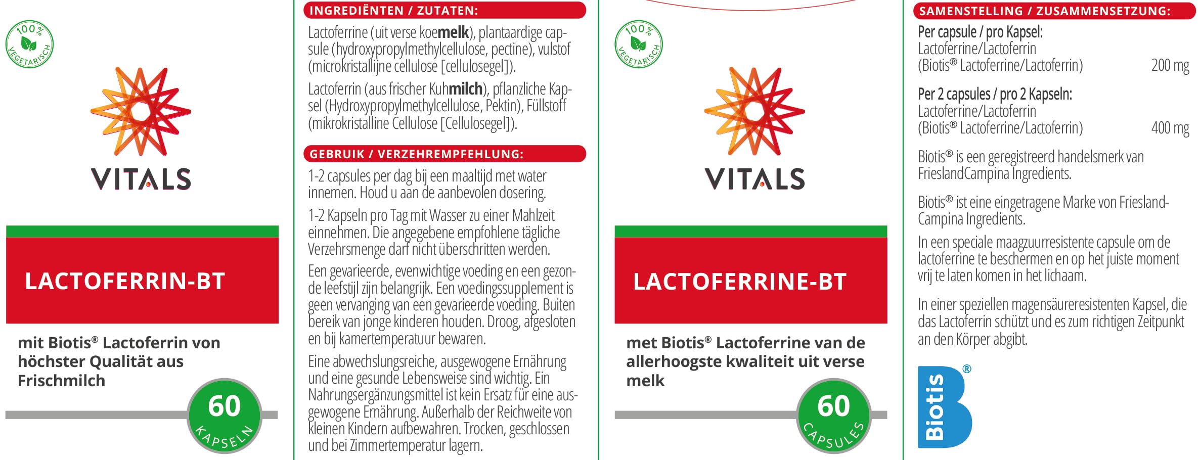 Vitals - Lactoferrin BT 60 Kapseln mit Biotis® von höchster Qualität aus Frischmilch. 200 mg pro Kapsel(magensaftresistenten)