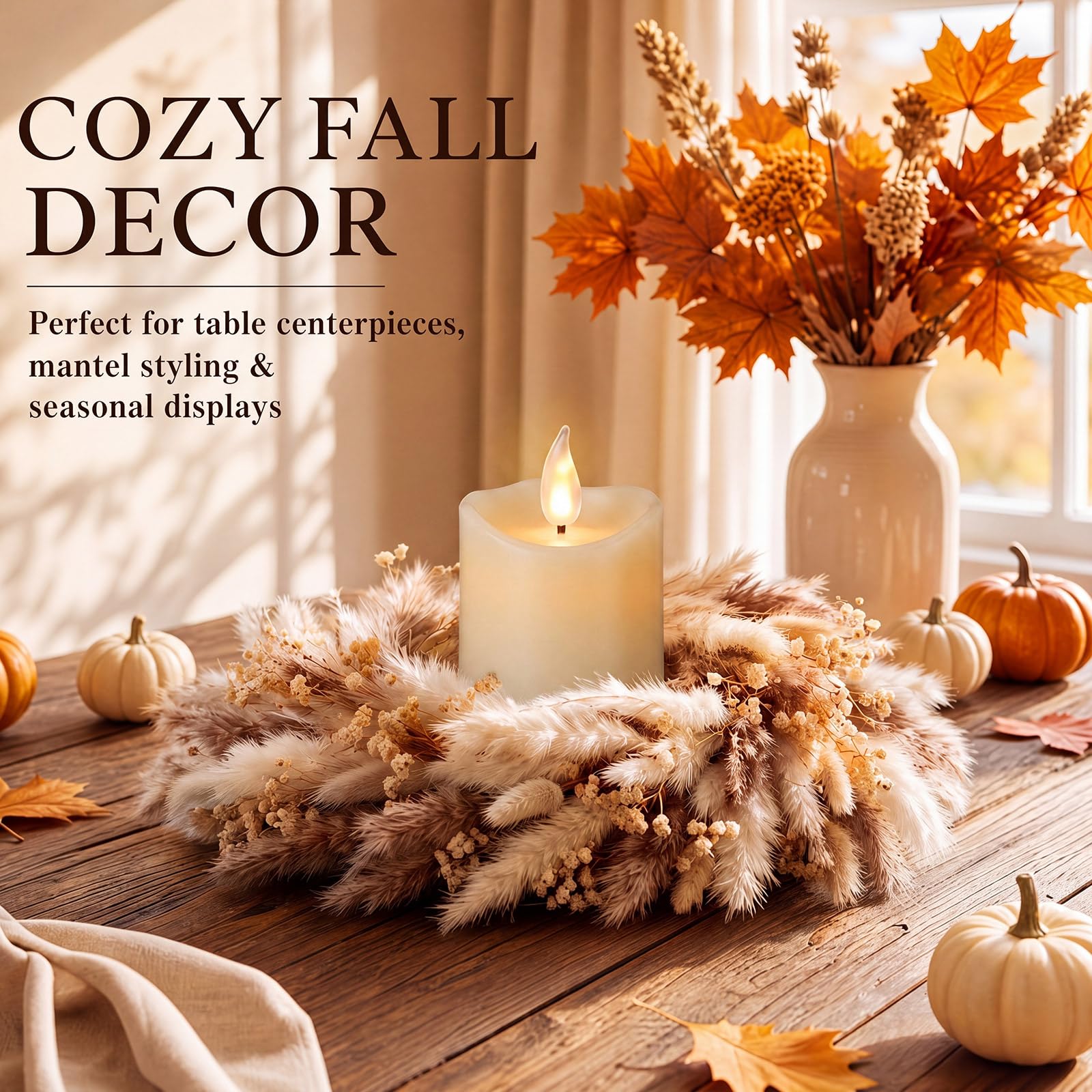 Leinuosen 4 Stück Boho Pampasgras Kerzenring Kränze, getrocknete Blume Kerzenring für LED-Kerzen, Boho-Kerzenhalter, Kränze für Hochzeit, Herbst, Tischplatte, Bauernhaus-Dekor