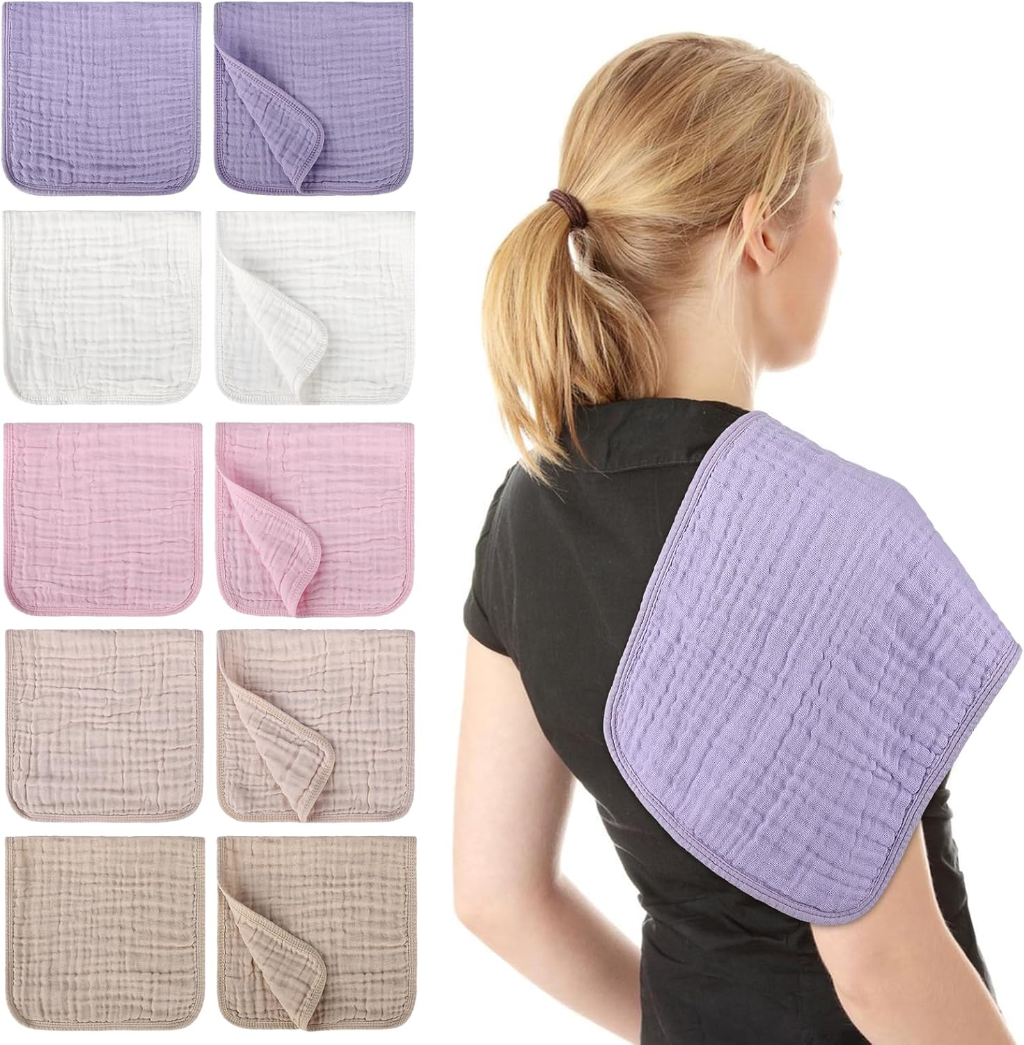 10 Pack Muslin Burp Cloths for Baby Girls 100% Cotton 20x10 Inch Popular Girl Colors Set Purple Pink Beige Brown White Soft Absorbent Newborn Infant Burping Cloths