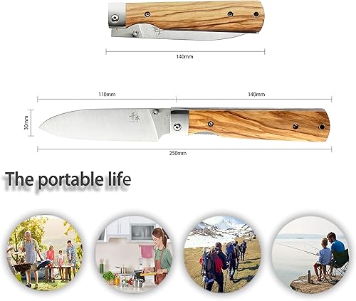 Miniatura 2 de Cuchillo de bolsillo plegable japonés ultra afilado de acero inoxidable 440A SENBON, cuchillo de utilidad para pelar con mango natural de oliva,