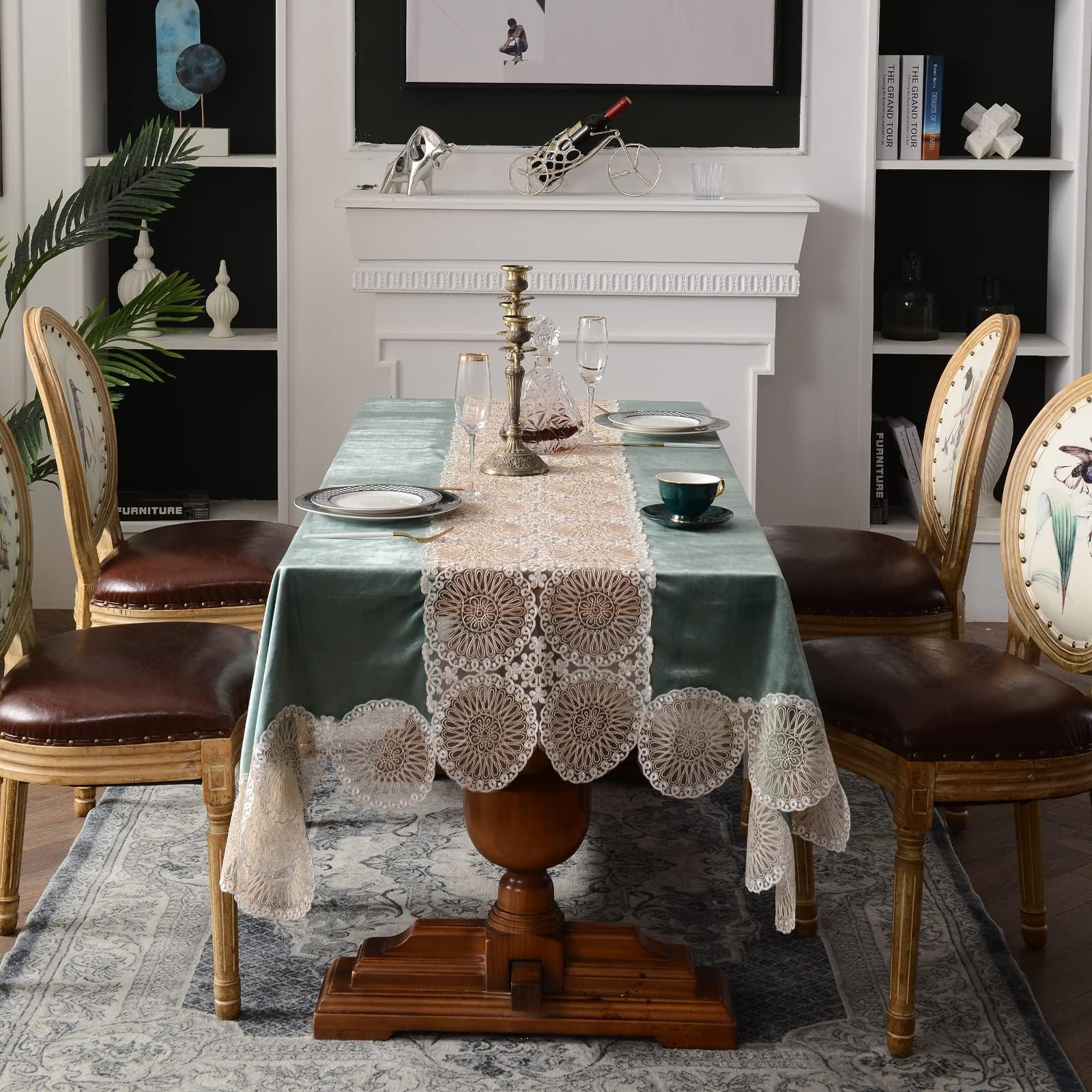 Sylvia Wu Table Cloth Velvet Green Rectangle Tablecloth 60 x106inch-Elegant Velvet Lace Deluxe Design Table Clothes for 6 Foot Rectangle Tables,Table Cover for Kitchen Dinning Tabletop Decoration