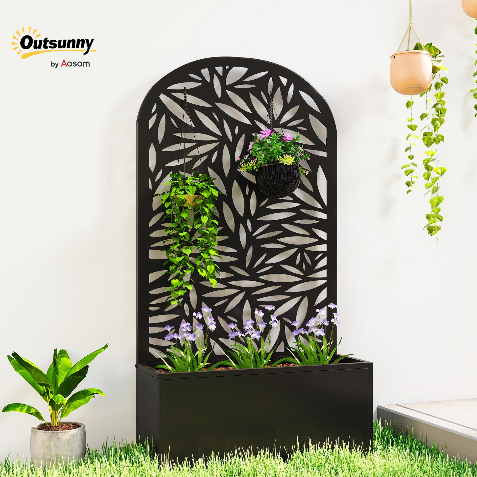 Outsunny Jardinière avec Treillis, Bac à Fleurs Métal, 61x23x113cm Noir | Lit Surélevé avec Brise-vue Découpé en Feuilles, Fixation Mur ou Sol, pour Plantes Grimpantes, Légumes, Fleurs