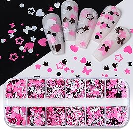 AddFavor 4 Boxes Valentine Nail Glitter Mixed Shaped Pink Purple White Heart Flower Colorful Round Sequins Lash Decals for Art Decoration/False Eyelash Decor