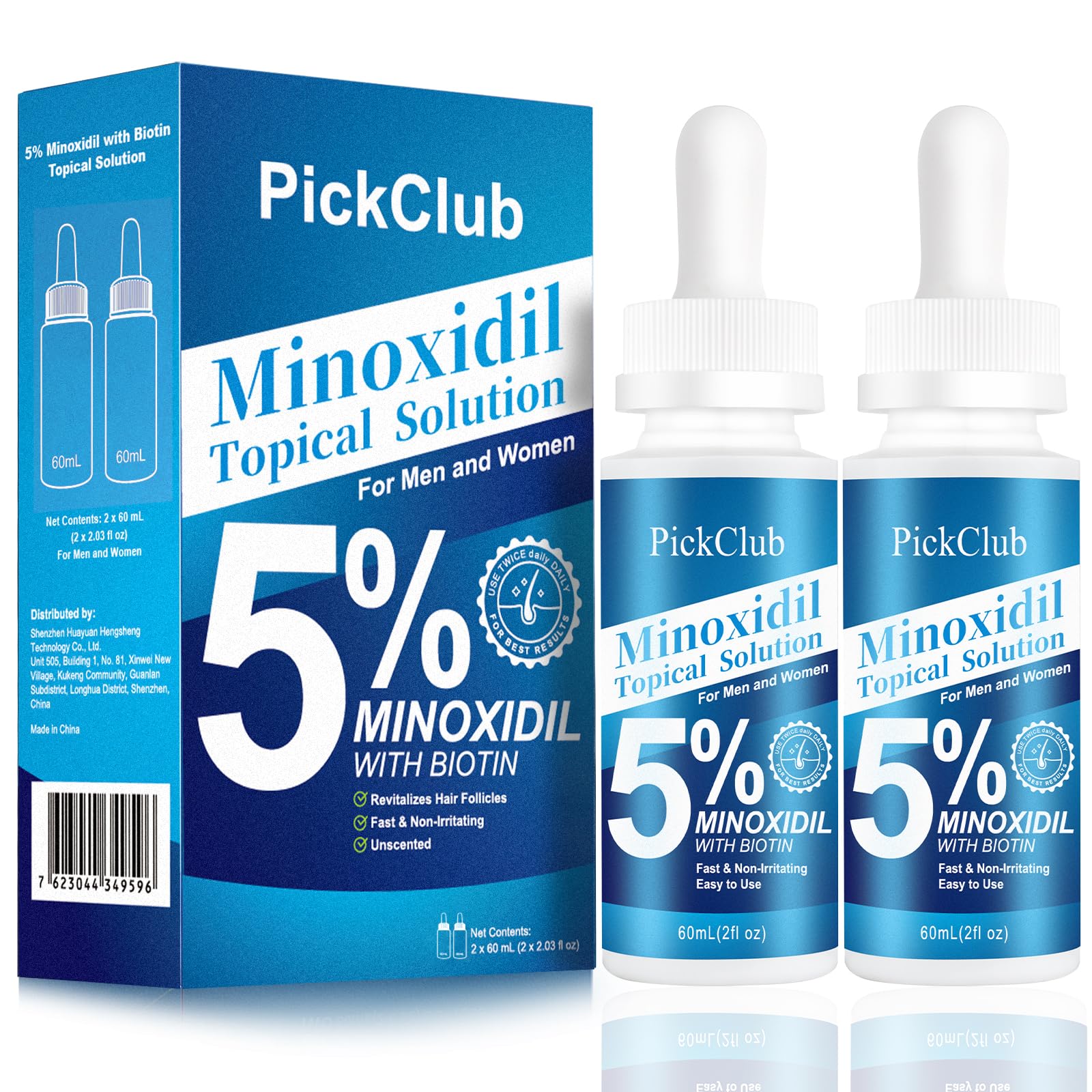 5% Minoxidil with Biotin for Men and Women – Hair and Beard Regrowth Serum, Unisex, Gentle, 2-Pack (Total 4.06 fl oz)
