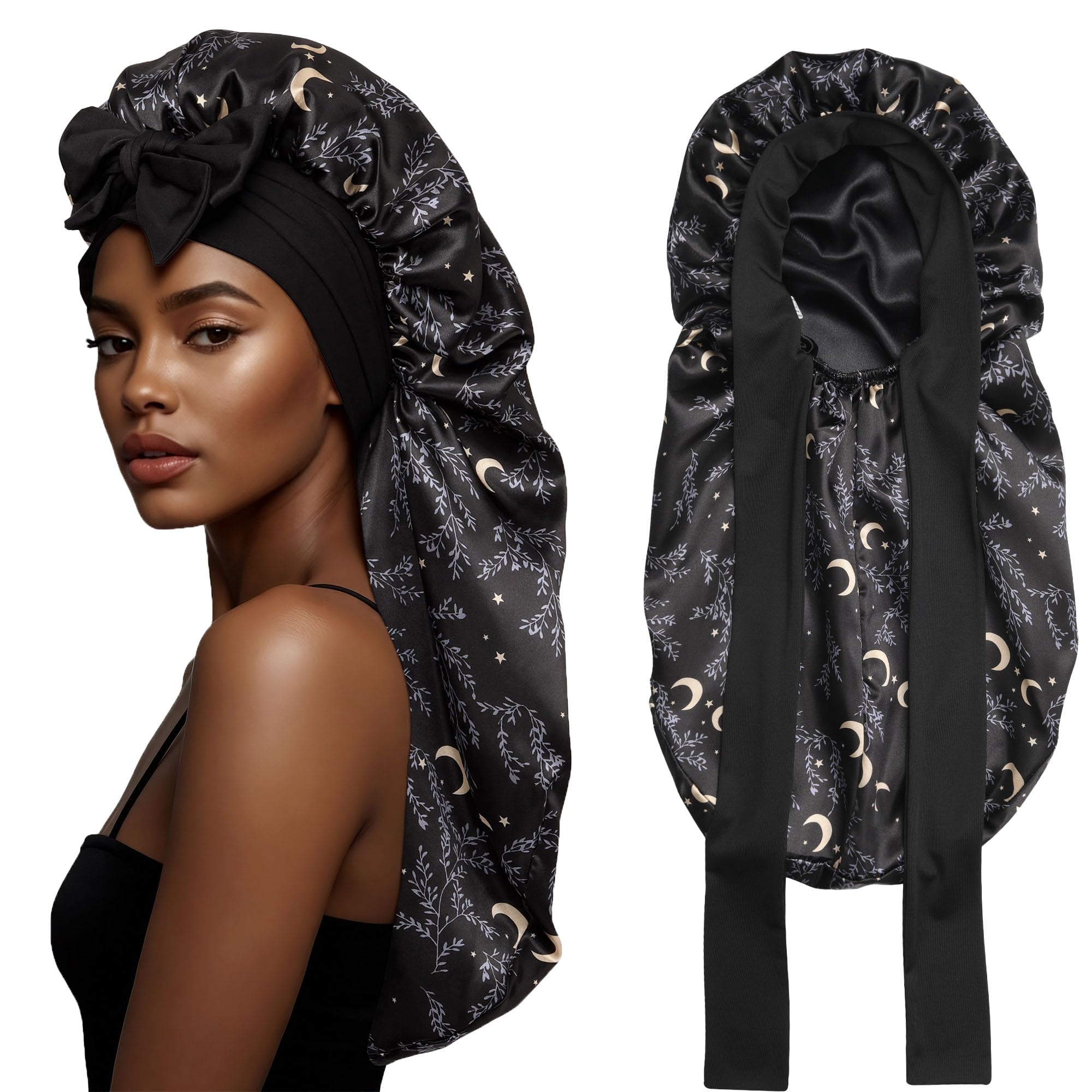 Gorro Largo de Satén Reversible de Doble Capa para Mujer Dormir con Banda