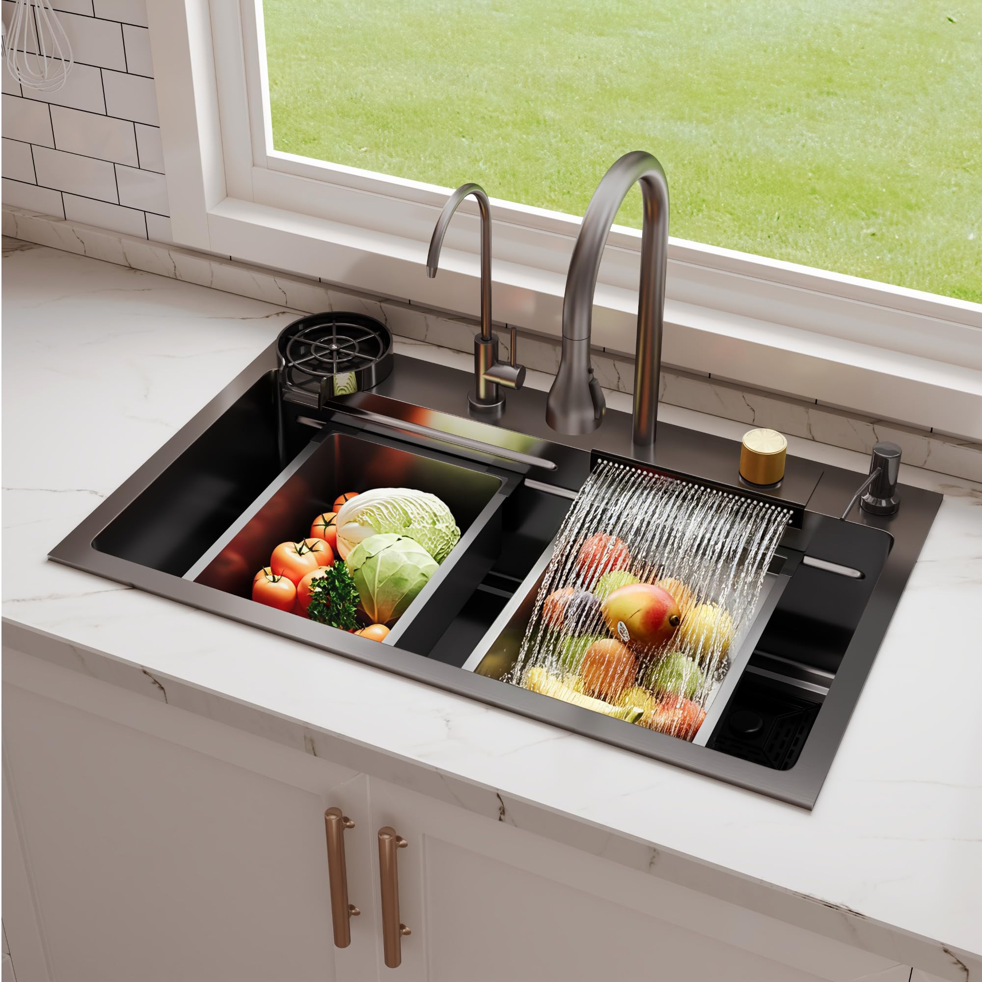 DeerValley Edelstahlspüle, Multifunktionsspüle aus Edelstahl 304 mit ausziehbarem Wasserhahn, Hochdruck-Glasreiniger, Wasserfall, Seifenspender und Arbeitsschiene für Küche - Dunkelgrau