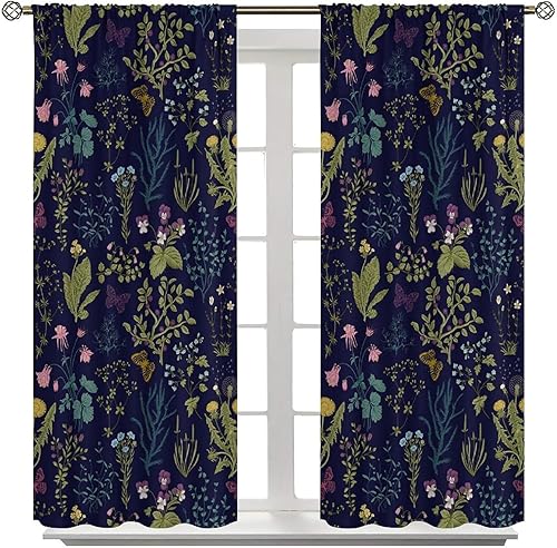 Miniatura 343 de Retro 70s Floral Blackout Window Curtains, Watercolor Flower Plant Rustic Modern Style Pattern Window Drapes, for Bedroom Living Room 42x45in 2
